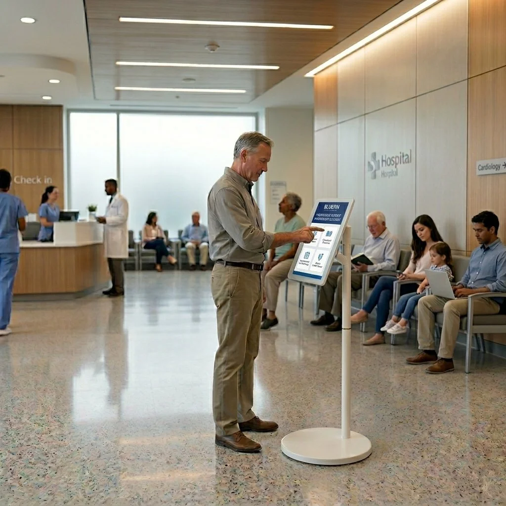 A man uses a battery-powered digital touch screen kiosk