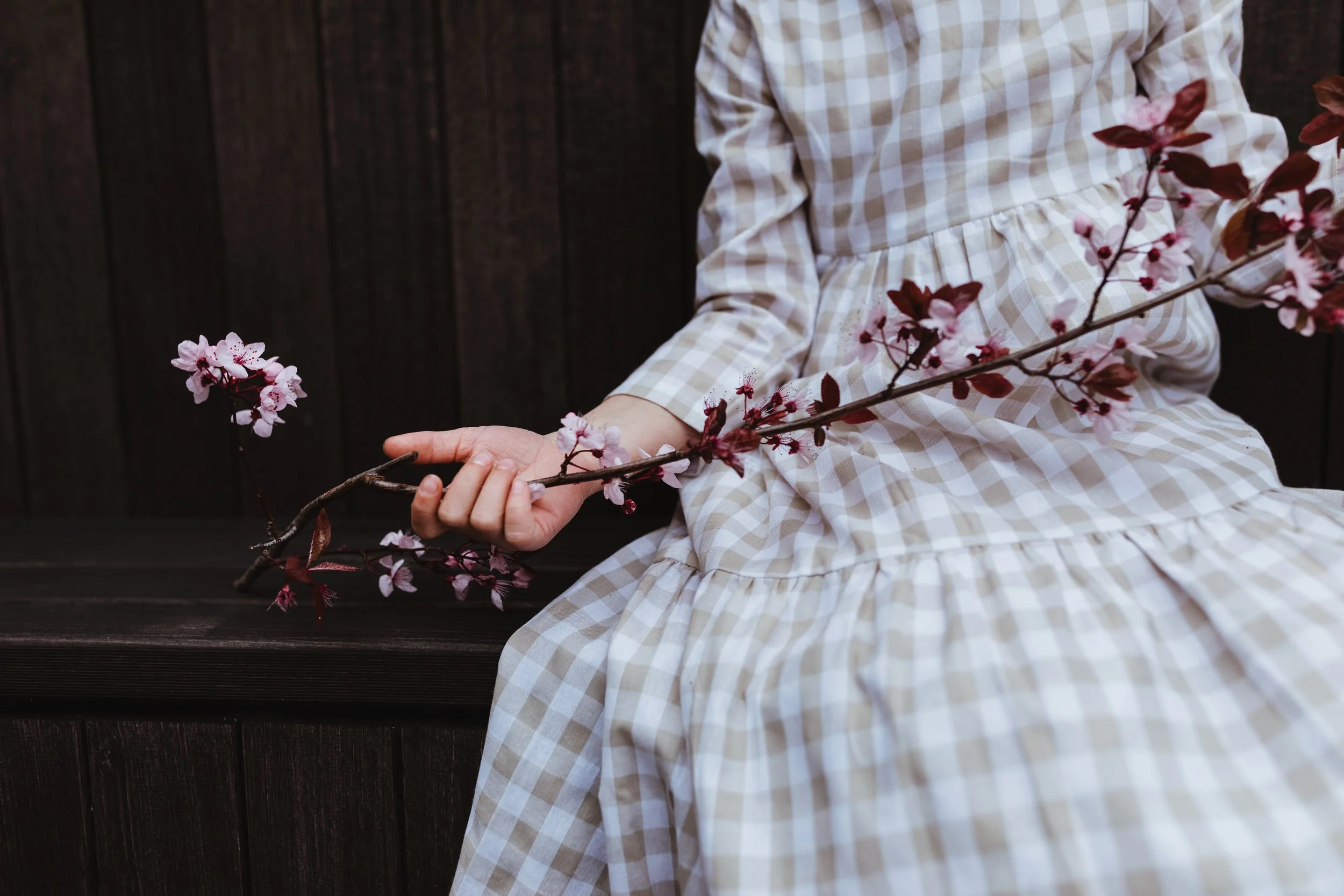 Girl holds cherry blossoms wearing gingham dress.