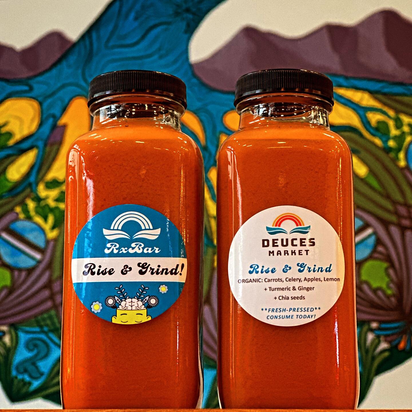 FRESH OFF THE PRESS - Get your Friday going with some fresh pressed juice from our Rx Bar menu. Today we&rsquo;re featuring our Rise &amp; Grind blend with organic carrots, celery, apples, lemons, turmeric and ginger. #deucesmarket #visitnapavalley #