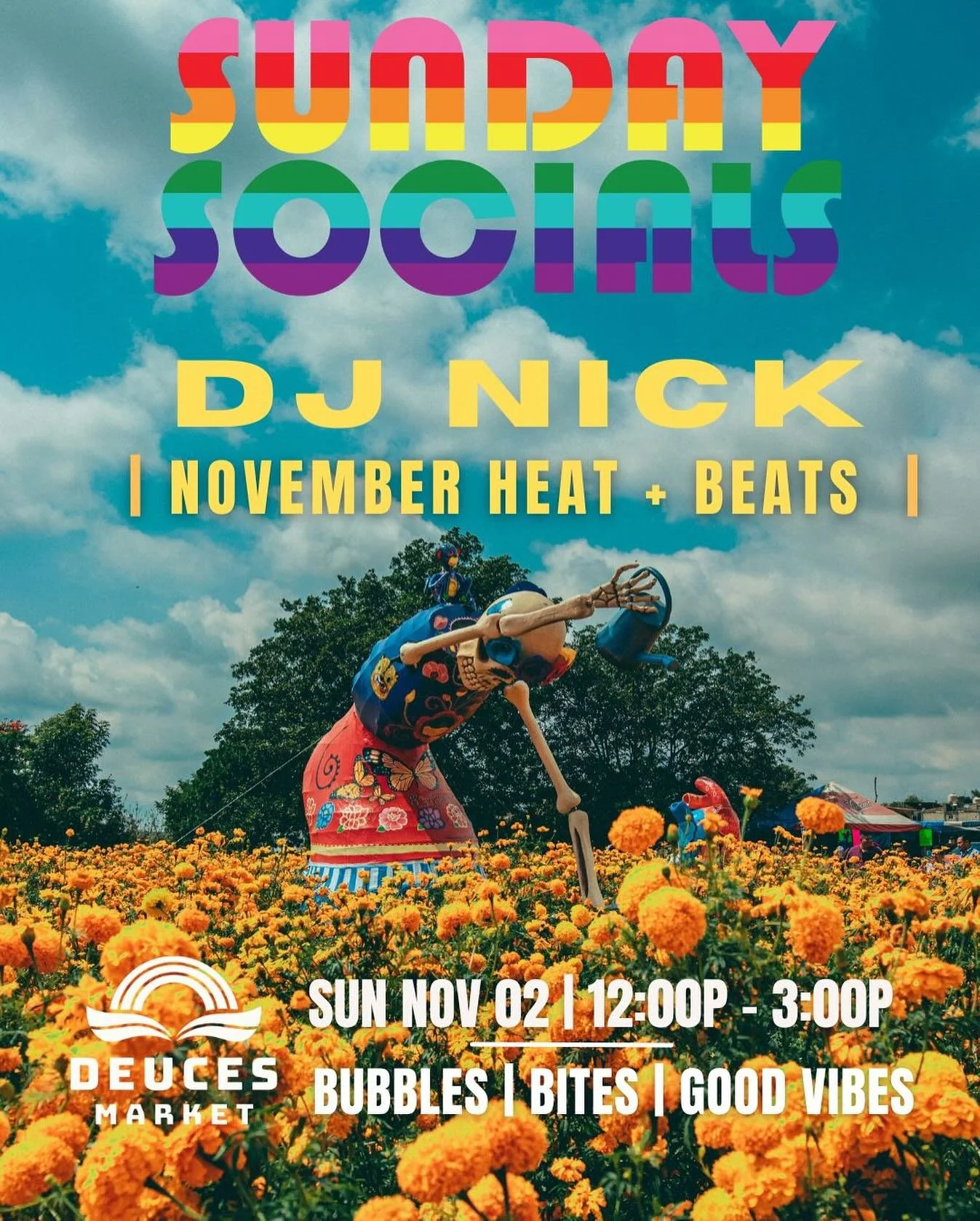 HAPPY NOVEMBER + Dia de los Muertos! The summer sun is still with us so put that extra hour of sleep to good use this afternoon and catch some beats with @nickthaentertainer spinning from 12P-3P today. #deucesmarket #visitnapavalley #donapa #firststr