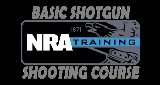 Logo for NRA Basic Shotgun Shooting Course with NRA Training text, a pointing hand, and a shotgun illustration.