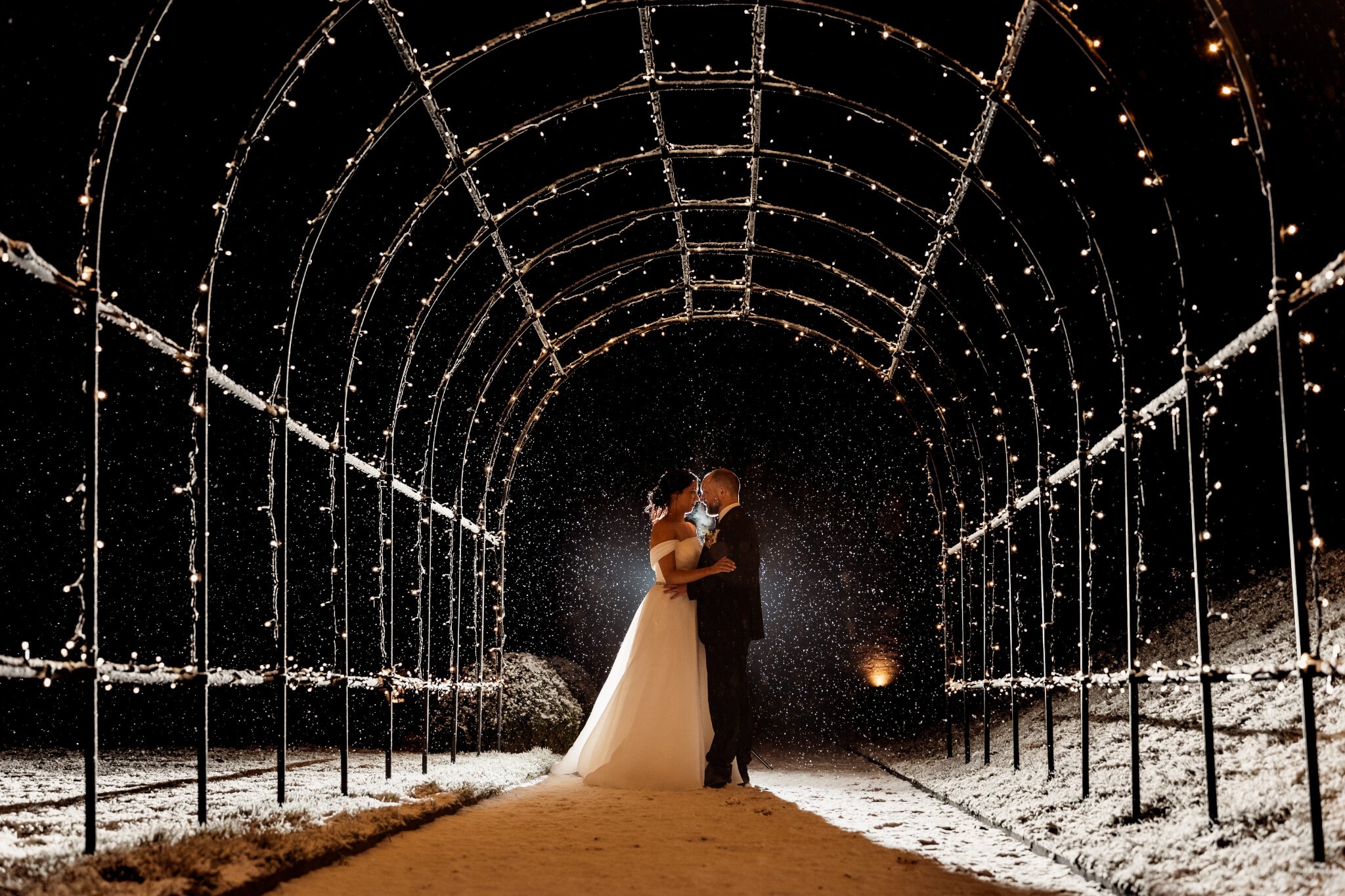 Tunnel of love for a winter wedding at Foxtail Barns