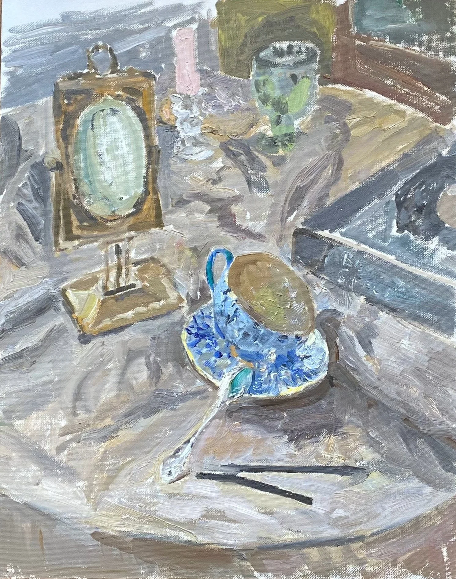 “A still life of a pretend disorder on my table,” by Alina Khalitova, 2025, 80×110 cm, oil on canvas
