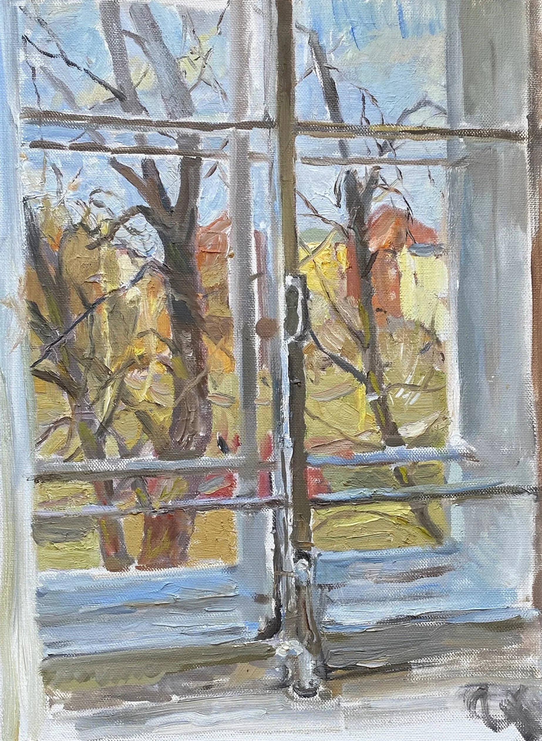 “Forever-changing weather outside my window with snow appearing and disappearing between seasons,” by Alina Khalitova, 2025, 50×70 cm, oil on canvas