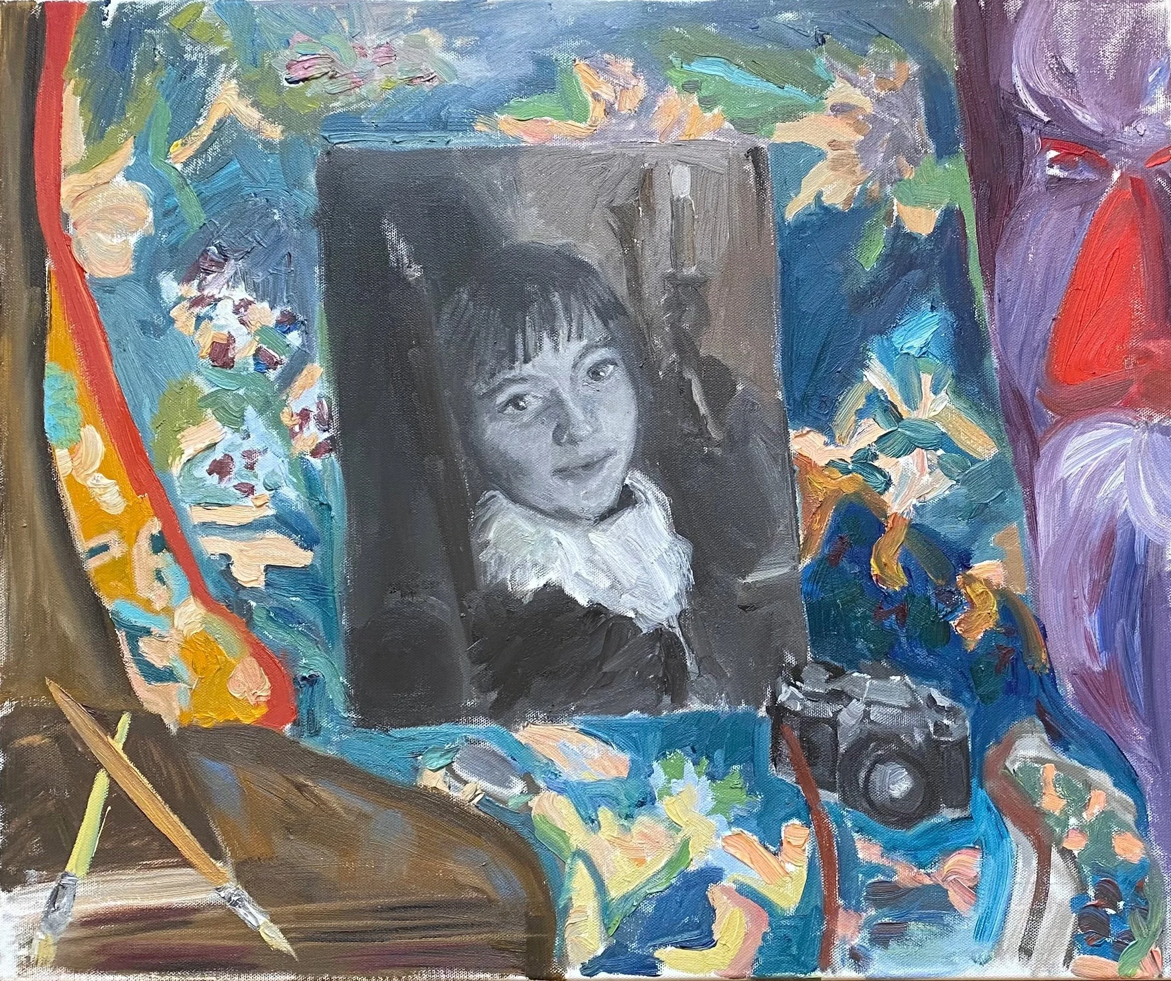 “A portrait of me in my childhood, on colorful fabric, surrounded by meaningful personal objects,” by Alina Khalitova, 2025, 100×110 cm, oil on canvas