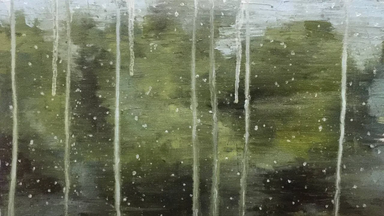 “The moving exterior seen from a window on a train from Helsinki to St. Petersburg,” by Alina Khalitova, 2019, 40×70 cm, oil on canvas