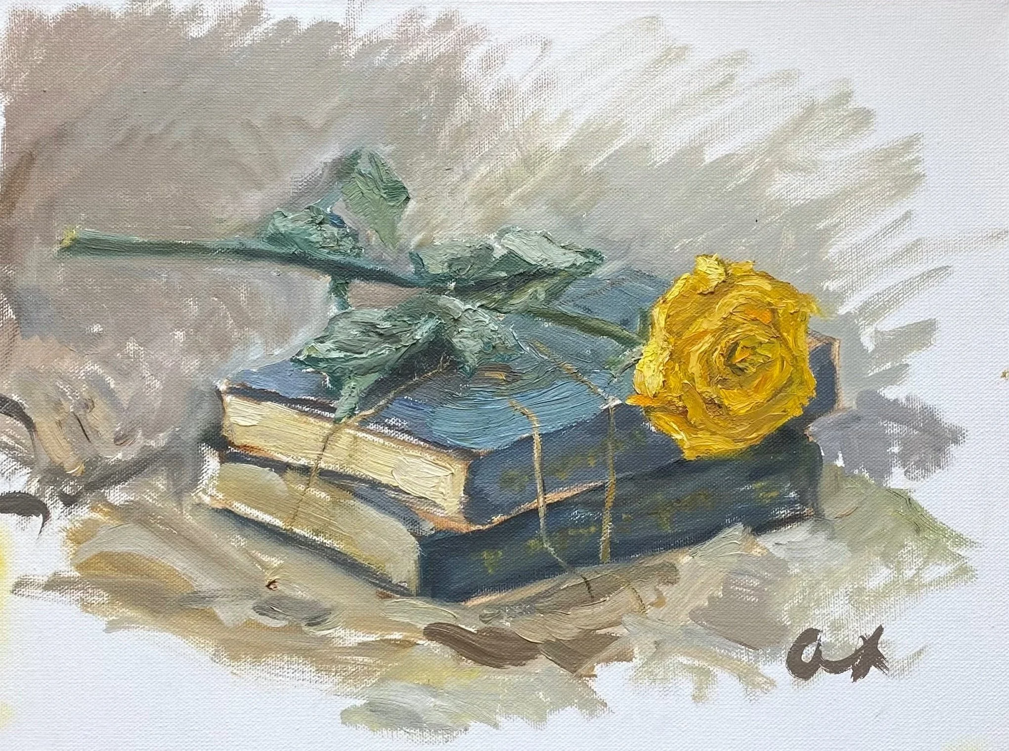 “A still life with a dry rose and two books of Rachmaninov’s letters,” by Alina Khalitova, 2025, 50×70 cm, oil on canvas