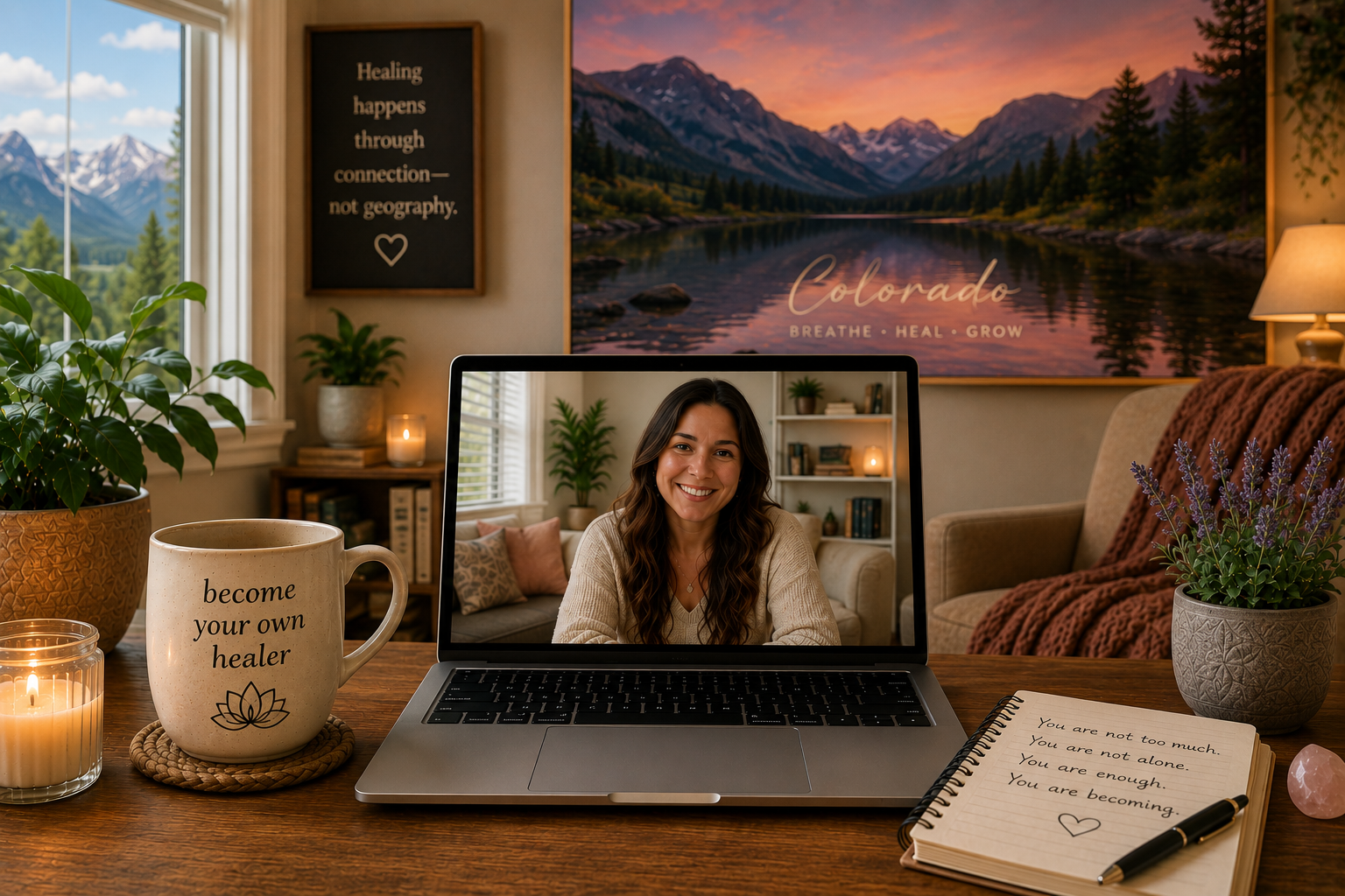 A cozy home office setup with a woman smiling on a laptop screen, surrounded by plants, a lit candle, a mug with the text 'become your own healer', an open notebook with handwritten words, and a scenic Colorado mountain poster in the background.