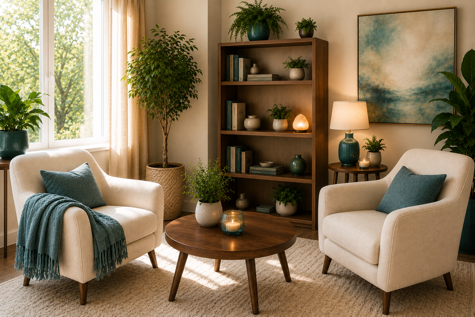 A cozy living room with two beige armchairs, a wooden coffee table, and a bookshelf filled with decorative vases, books, and plants. Large windows with light curtains allow natural light to brighten the space, which is decorated with various green potted plants, a lamp, and framed artwork on the wall.