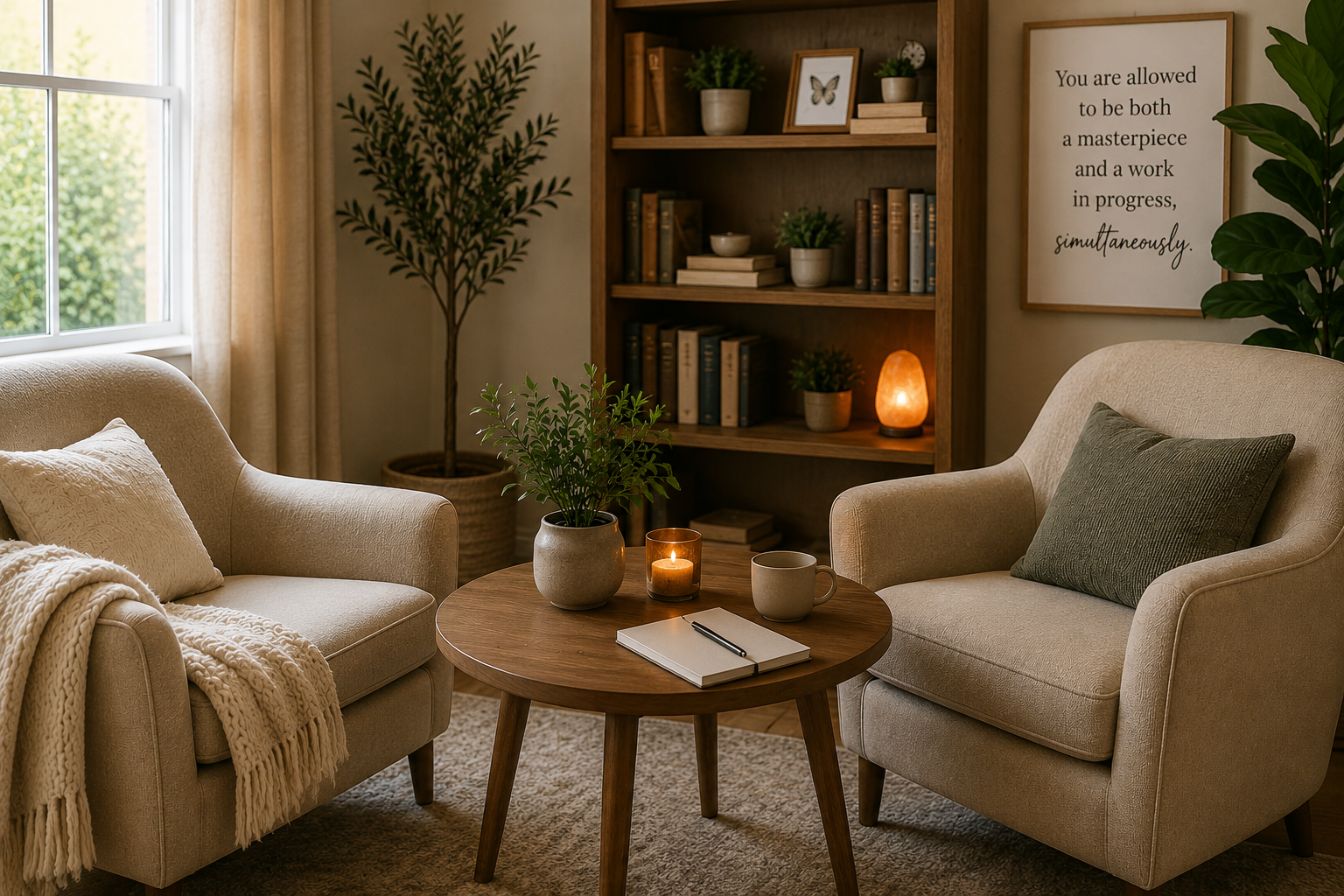 Warm, welcoming therapy office representing [therapy modality] and Jennifer Hillier's compassionate approach to healing unresolved childhood trauma, survivor patterns, and emotional well-being.