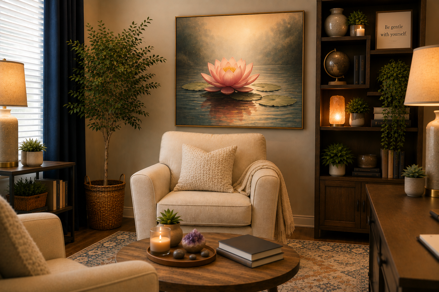 Living room with beige armchair, large gallery of water lily painting, wooden bookshelf with decor items, potted plants, table with books and candles, soft lighting.