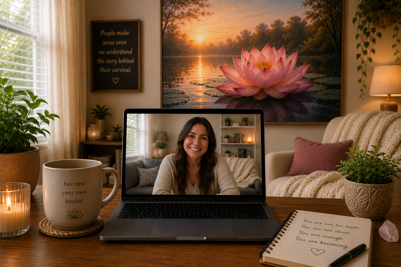 A woman appears on a laptop screen, smiling and sitting in a cozy living room with a neutral-toned sofa, potted plants, a notebook with inspirational quotes, and a lit candle on the wooden table in the foreground. The background features artwork of a pink lotus flower at sunset and a framed quote on the wall.