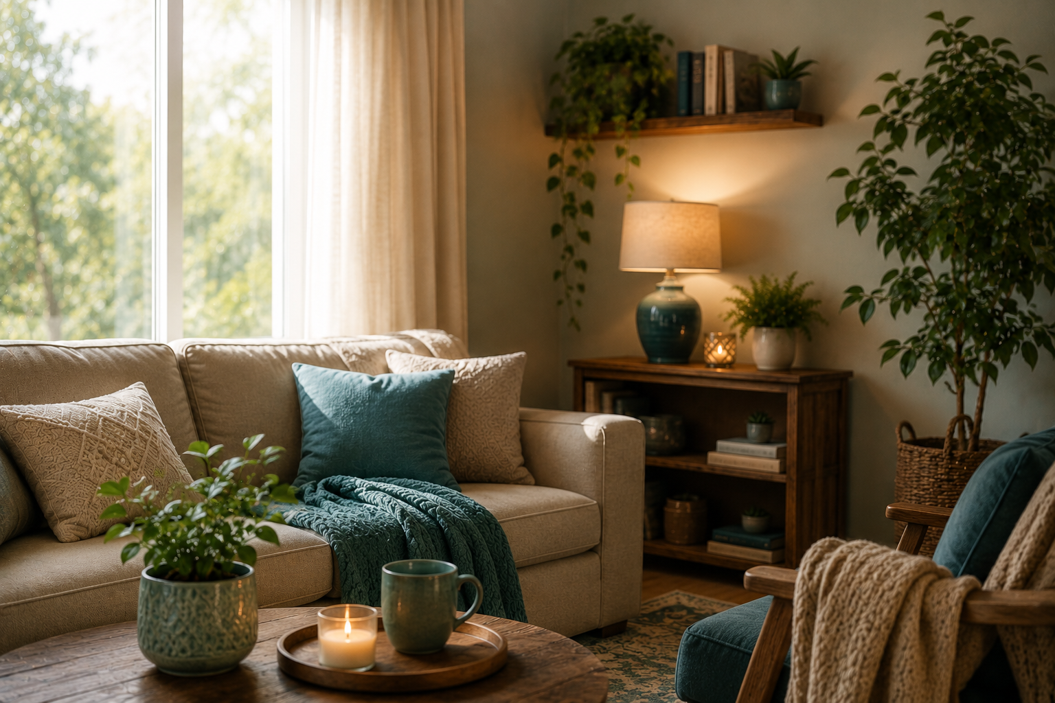 Cozy living room with beige sofa, blue pillows, wooden coffee table, green plants, and sunlight coming through a window.