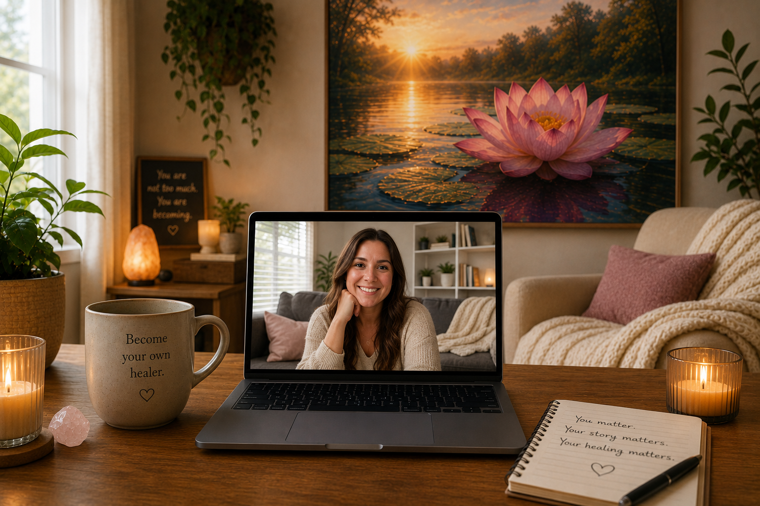 Secure online therapy session displayed on a laptop in a peaceful home setting with calming lotus artwork, symbolizing compassionate virtual counseling, emotional safety, and healing from the comfort of home with Jennifer L. Hillier, M.A., LPC-S.