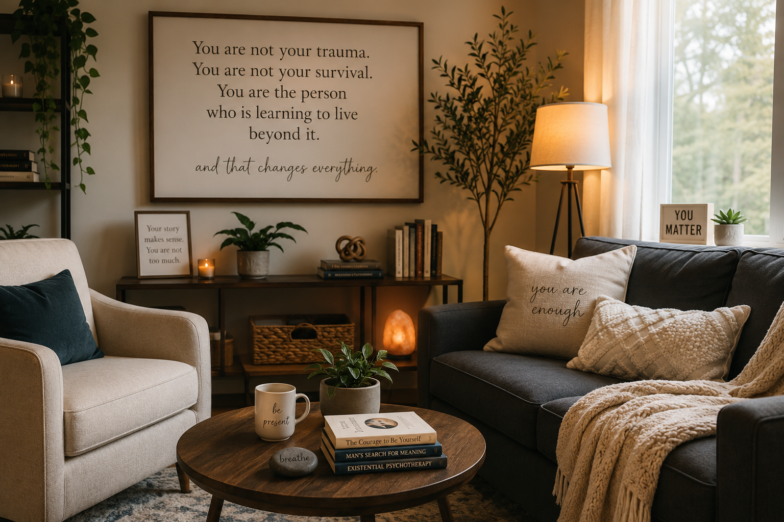 Cozy living room with beige and dark gray sofas, a wooden coffee table with books and a plant, a large wall sign with motivational text, smaller framed quotes, a salt lamp, candles, and decorative pillows. Large window with sheer curtains.