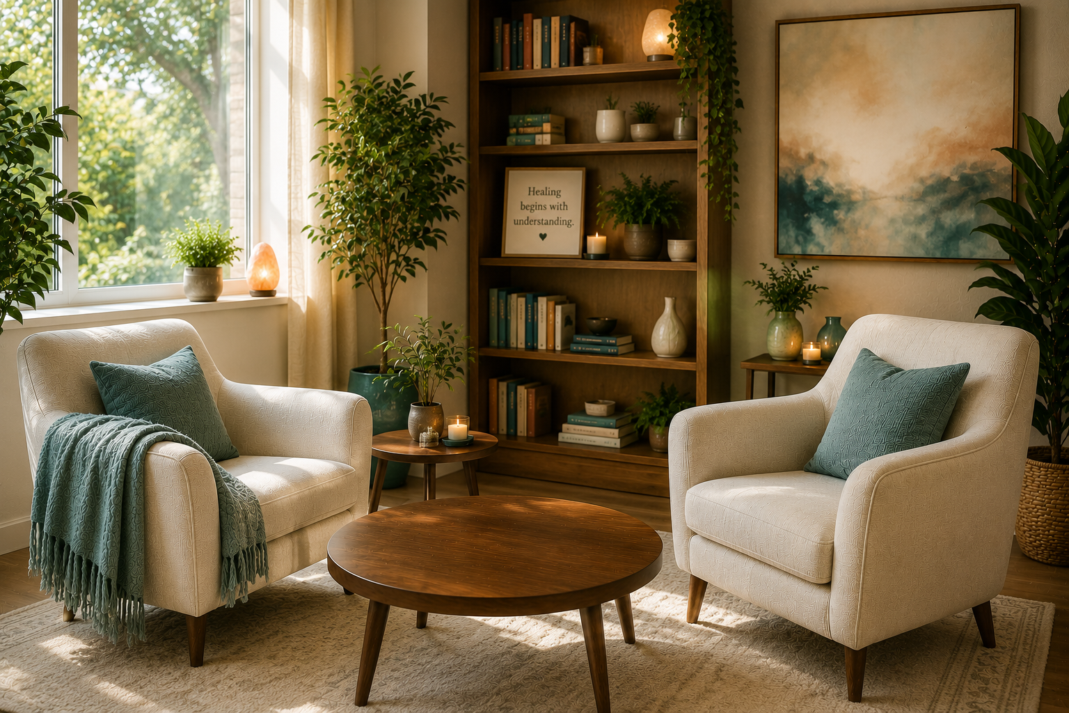 Warm, welcoming therapy office representing Trauma-Focused Cognitive Behavioral Therapy (TF-CBT), offering a safe and calming space for healing unresolved childhood trauma, emotional abuse, Complex PTSD, and survivor patterns with Jennifer L. Hillier