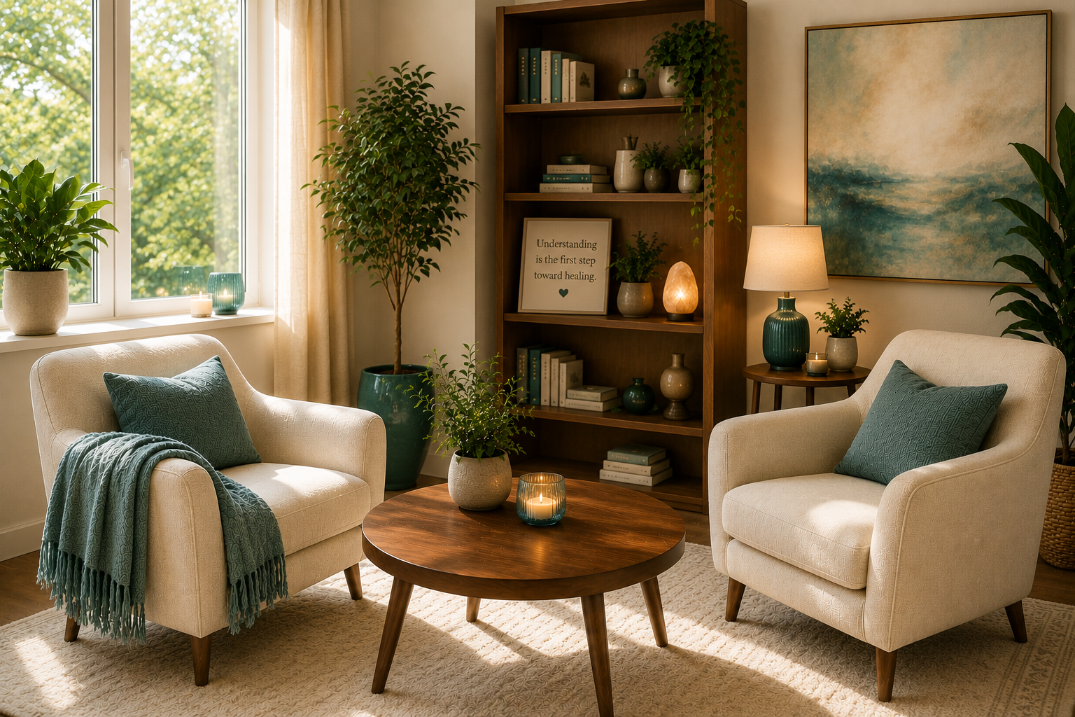 Cozy living room with two white armchairs, a round wooden coffee table, potted plants, bookcase, and soft lighting.