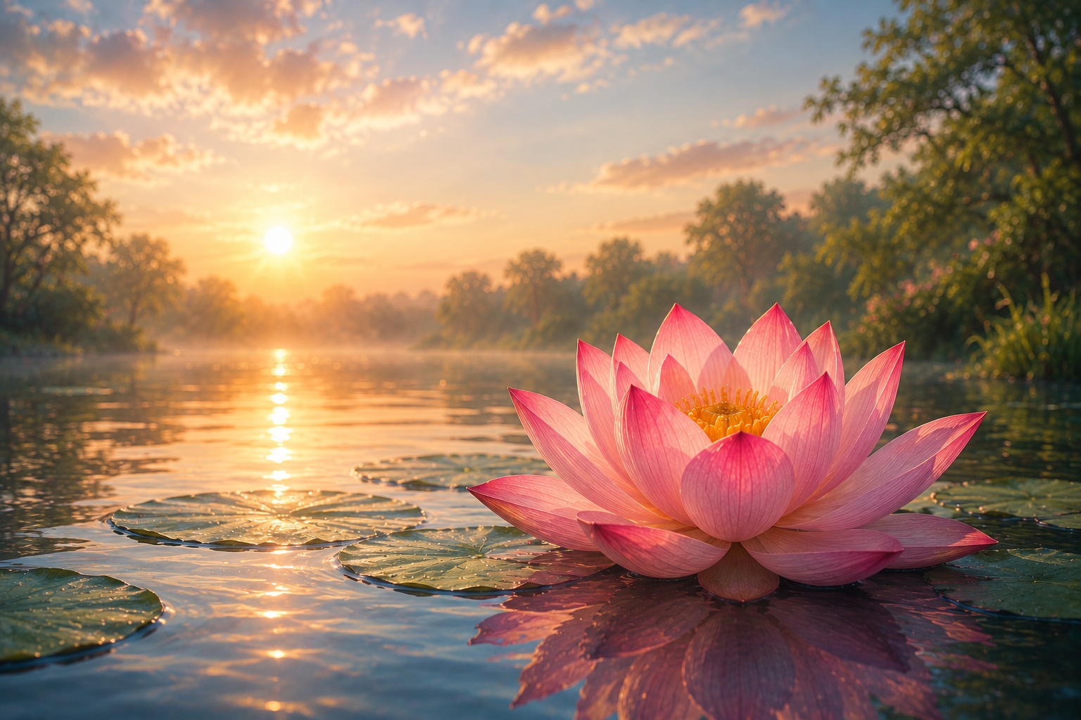Pink lotus flower floating peacefully on calm water at sunrise, symbolizing healing, resilience, transformation, and personal growth. Artwork representing Integrative Therapy and the journey beyond survival with Jennifer L. Hillier, M.A., LPC-S.