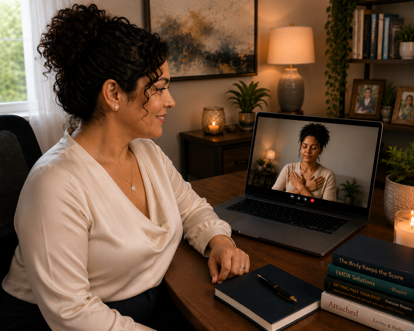 Jennifer L. Hillier, M.A., LPC-S, providing online EMDR therapy during a virtual Butterfly Hug tapping session with an adult client. Warm, compassionate trauma-informed counseling focused on healing unresolved childhood trauma, and Complex PTSD.