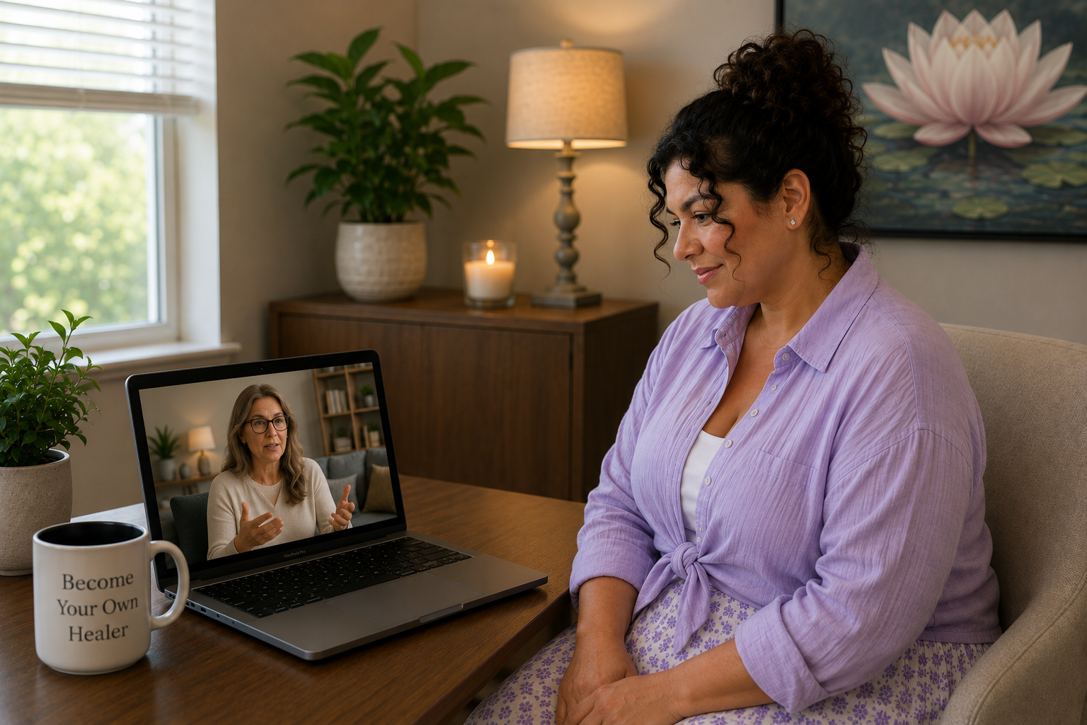 Jennifer L. Hillier providing online boundaries therapy to an adult woman during a virtual counseling session.
