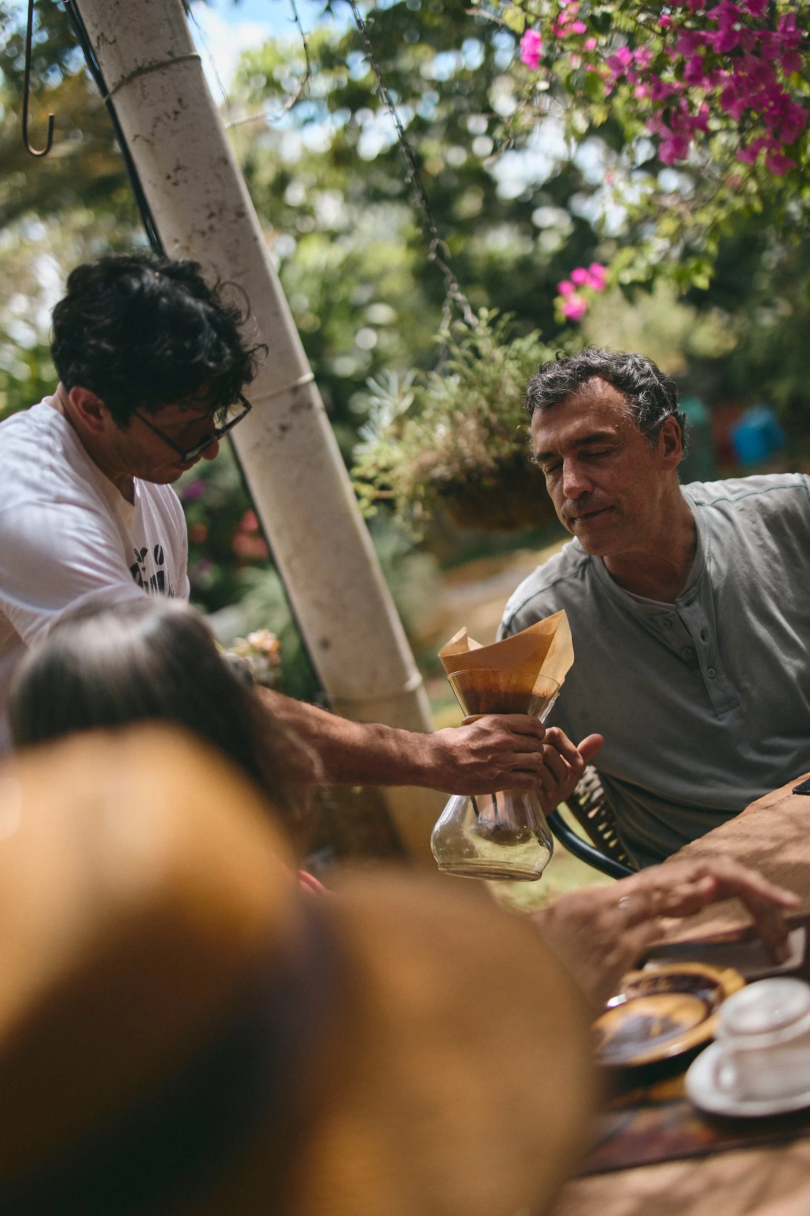 Fresh pour-over coffee from the finca is served during an intimate lunch at Alfania Coffee Farm near Barichara.
