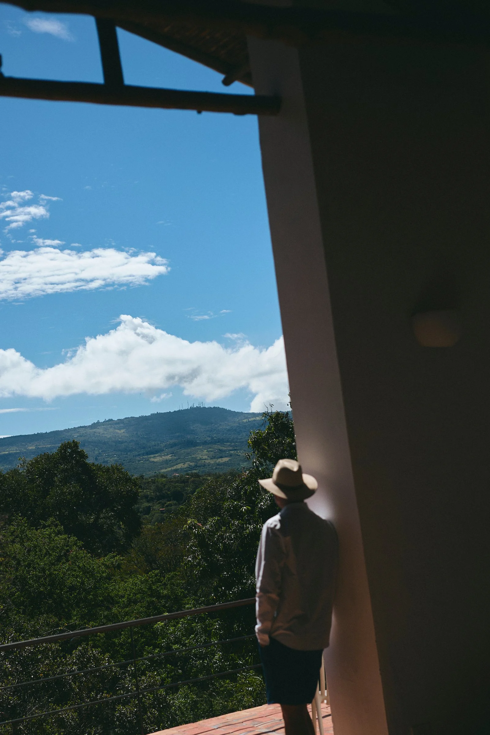 Breakfast on the terrace at Terrazul in Barichara, Colombia, overlooking the Chicamocha Canyon and surrounding dry forest landscape