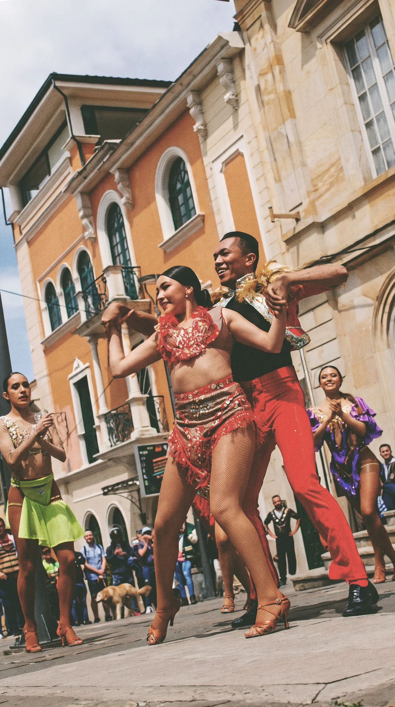 Salsa dancers perform in a Bogotá plaza during Angie’s Flash Mob, a WhereNext Original experience in Colombia.