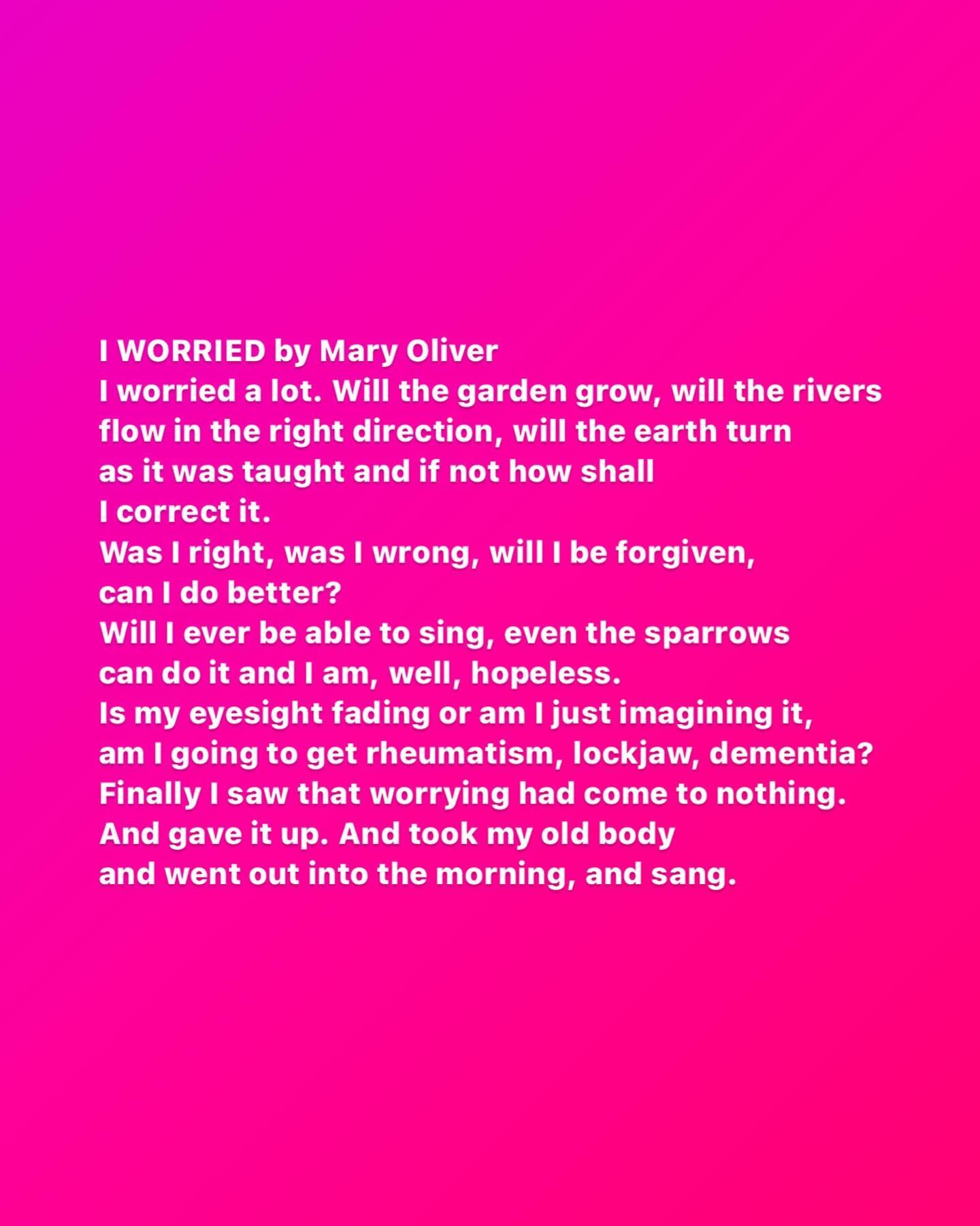 Listening to a talk around how to calm a busy brain I can across this beautiful poem by Mary Oliver.

It reminded me of the futility of worrying and the peace that can be found in radical self-care, mindfulness, practicing gratitude, and looking for 