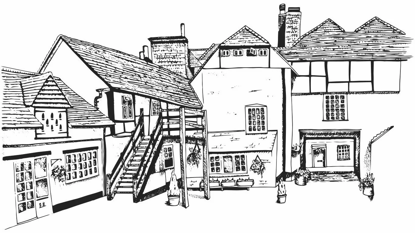 Pen-and-ink drawing of The George & Dragon courtyard