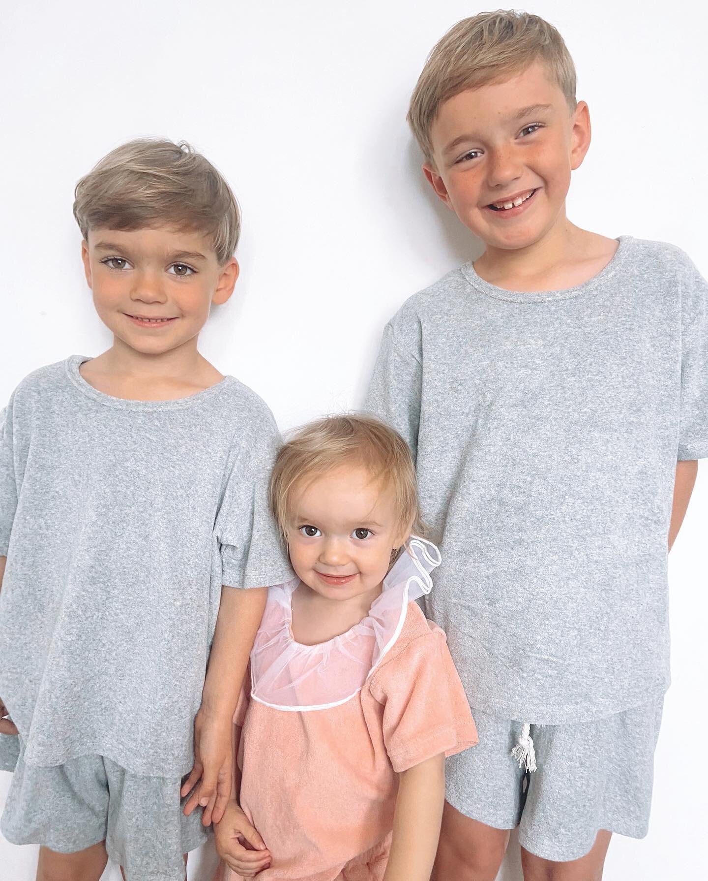 S I B L I N G S❤️ Look at this gorgeous trio, in our towelling sets..😍😍 The boys look so handsome in our grey sets, and sweet Sadie looks adorable in our Frilly neck set.. 🌸💞✨ DM to order, sizes are now limited!🥺 Age 12m-7yr, please be mindful w