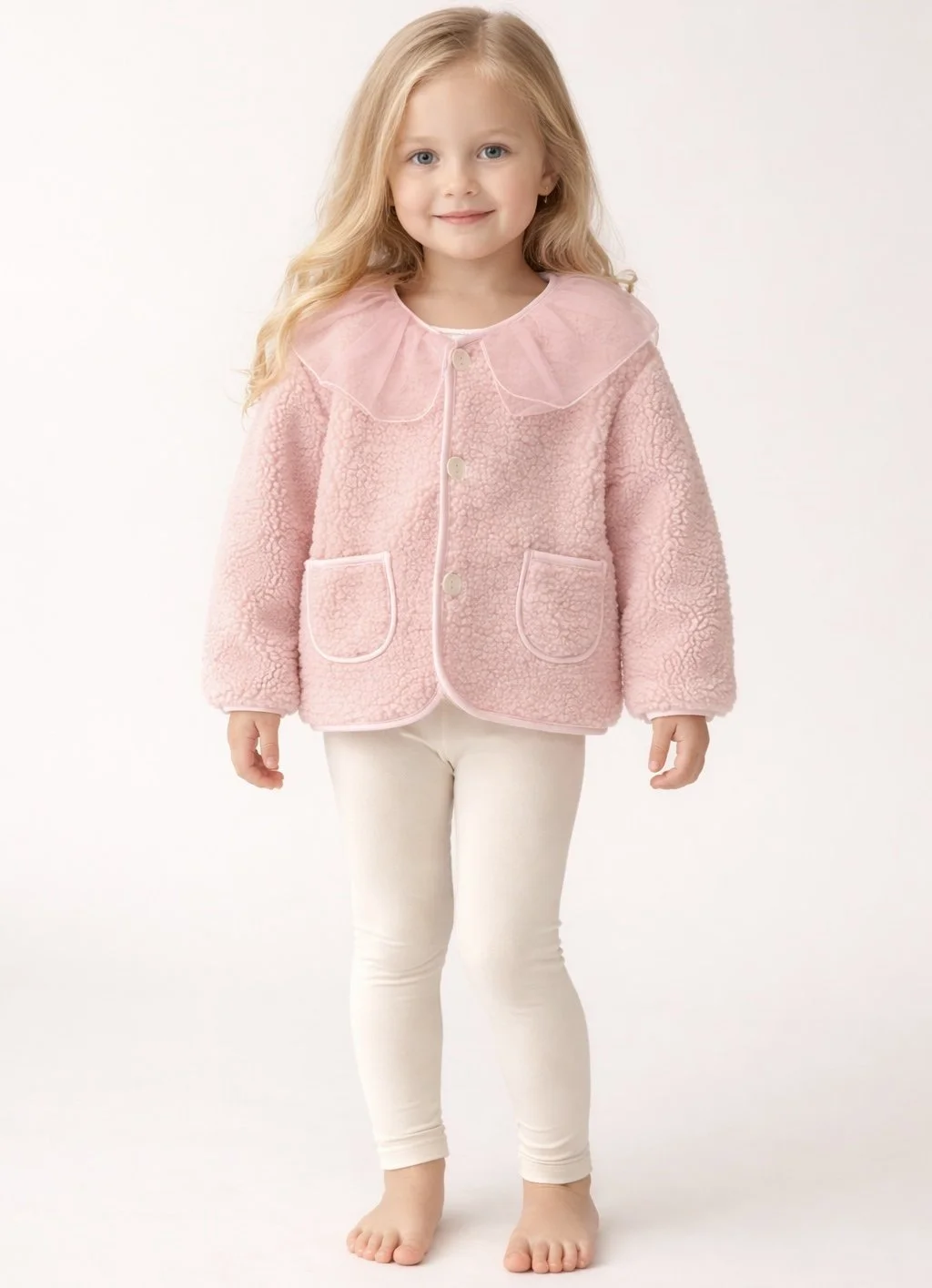 Frill Neck Teddy Coat In Pink