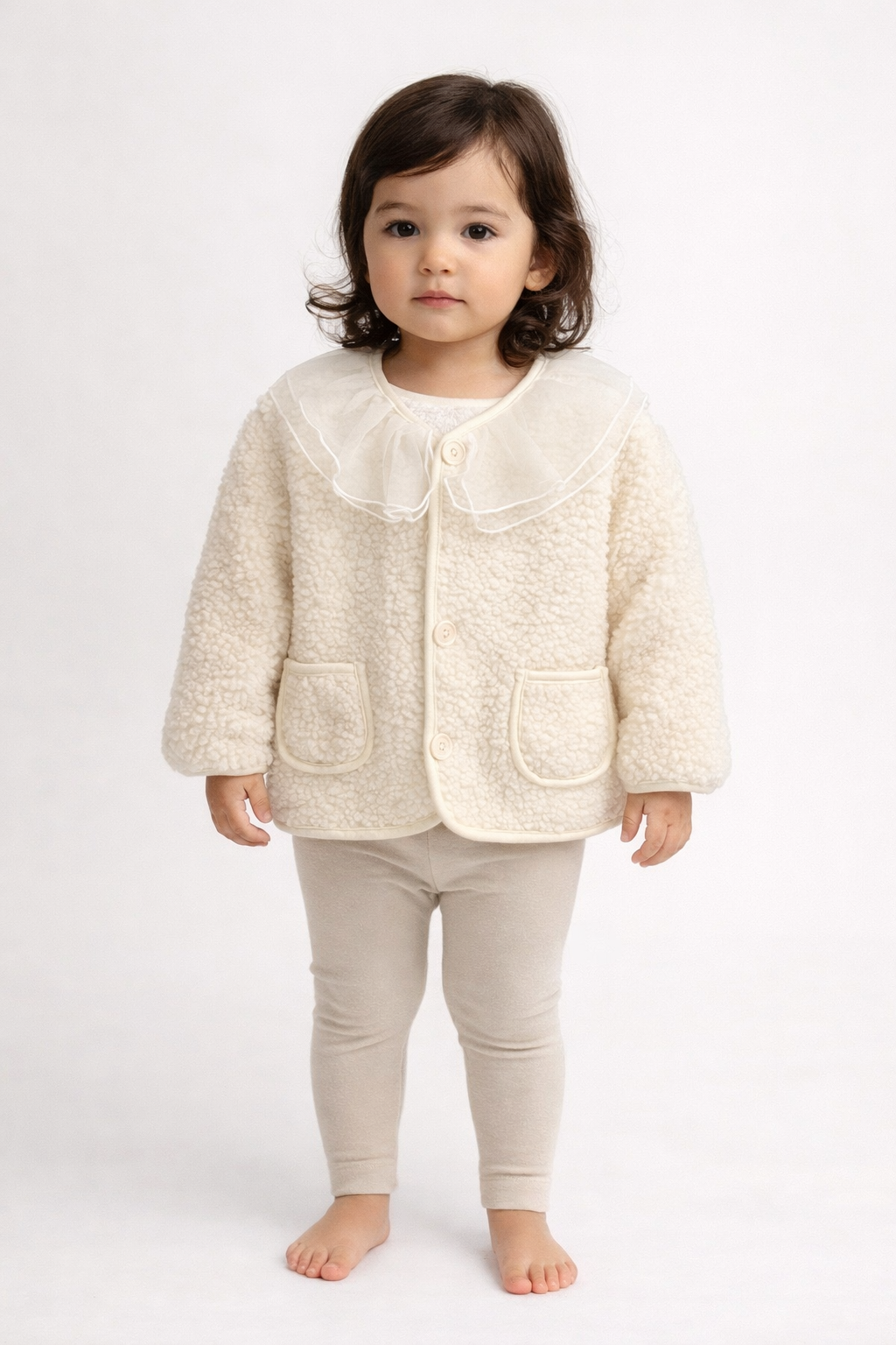Frill Neck Teddy Coat In Cream