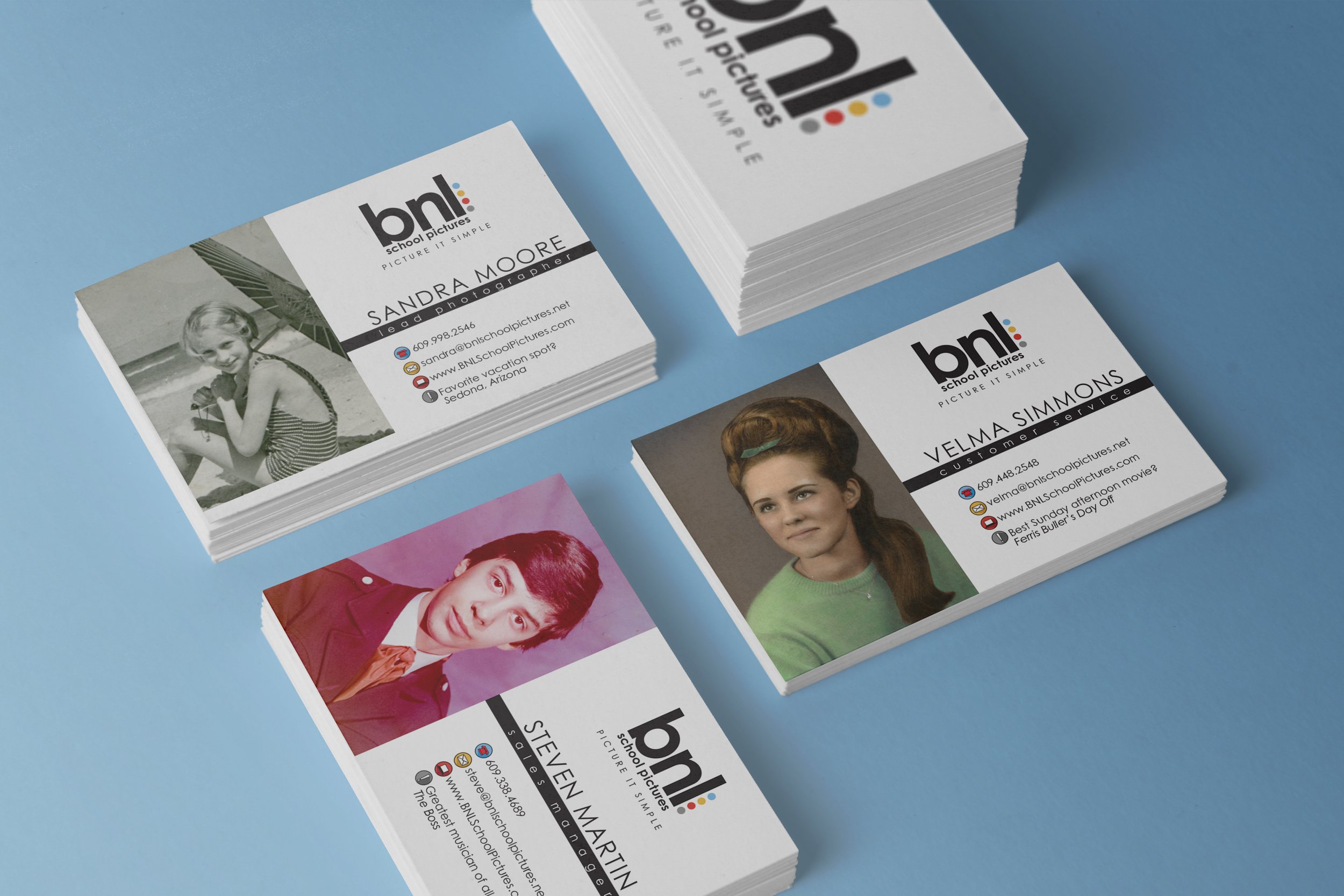 Designing the business cards for BNL was so fun. I collected childhood photos and school pictures from each member of staff to replace the headshots they were using. This played well with clients and helped build the idea that school pictures are a s