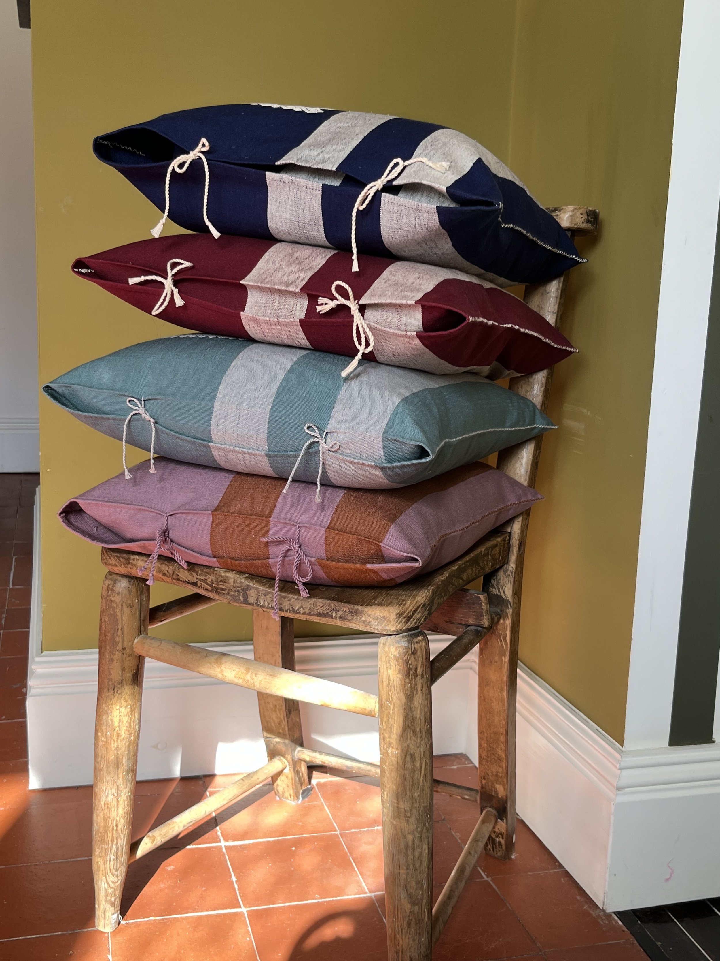 Routes Interiors Handmade Handwoven Artisan Ethical Natural Stripe Brocade Cotton Cushion Mexico