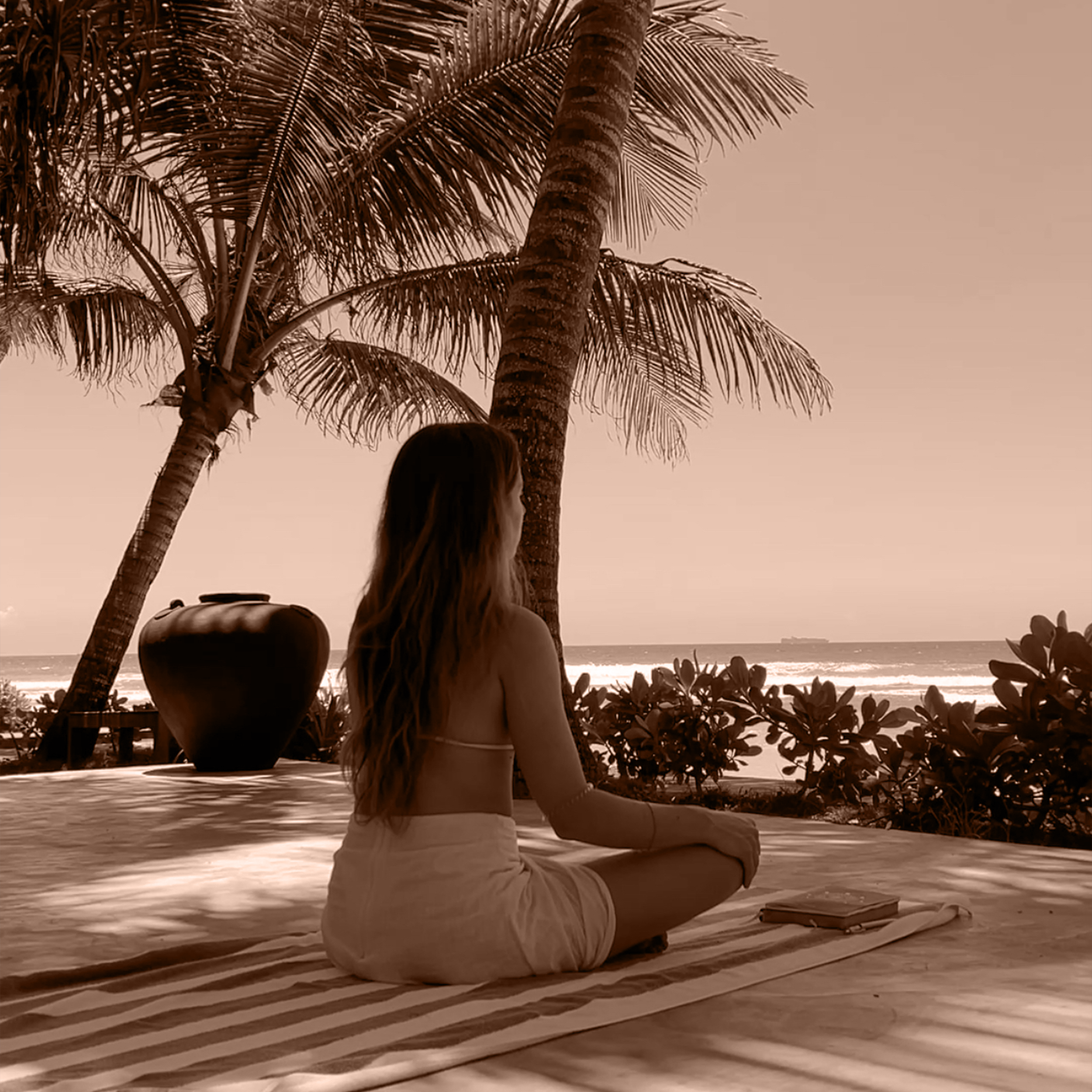A woman sitting cross-legged on a striped towel on a beach, facing the ocean with palm trees in the background and a large vessel on the horizon, in a sepia tone image.