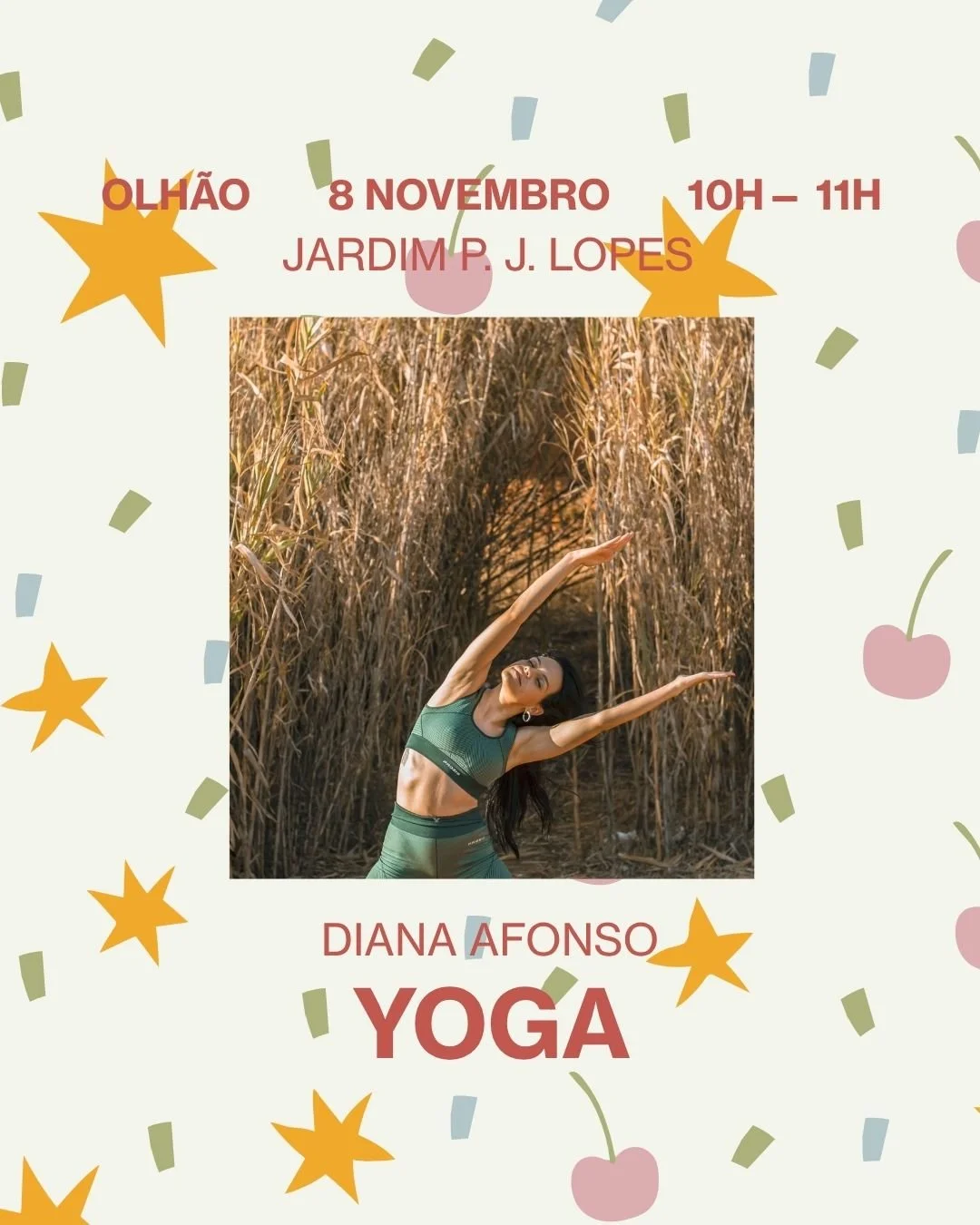 Aula de Yoga com Diana Afonso, das 10:00 &agrave;s 11:00  no jardim 🌳
Para acordar o corpo, respirar fundo e entrar no ritmo do dia 🌿

✿

Yoga class with Diana Afonso, from 10:00 to 11:00 in the garden🌳 
To wake up your body, take a deep breath an