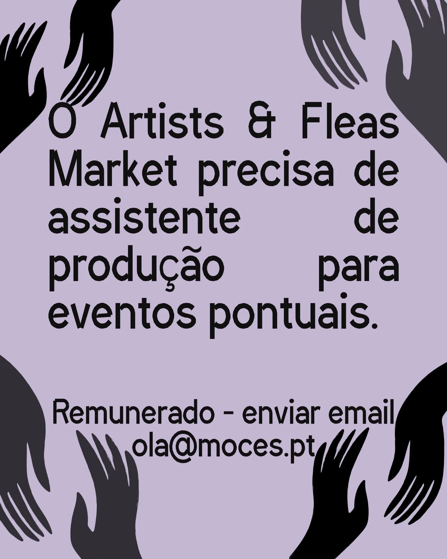 Estamos &agrave; procura de algu&eacute;m para colaborar com o @artistsandfleas.pt 🧚🏽&zwj;♀️

- Recibos verdes 
- Disponibilidade fim de semana 
- Carta condu&ccedil;&atilde;o e carro 
- Sem experi&ecirc;ncia obrigat&oacute;ria em produ&ccedil;&ati