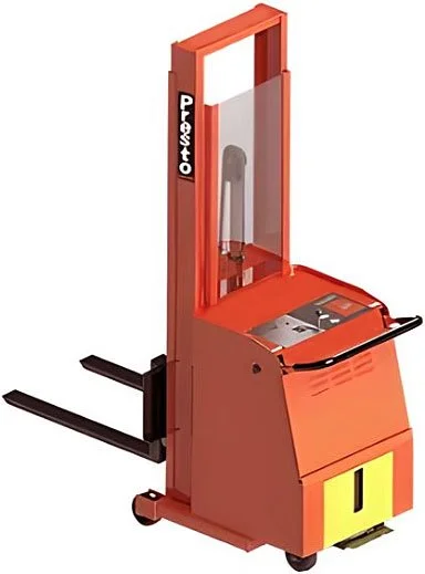 Orange Presto C74A-1000 Stacker forklift with white background