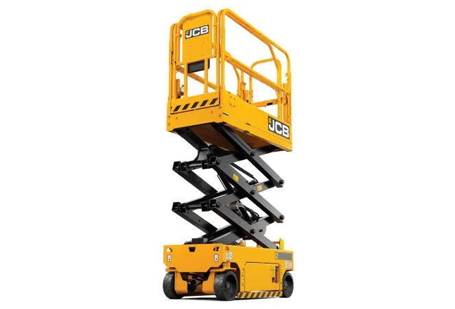 JCB 3246e yellow scissor lift on white background