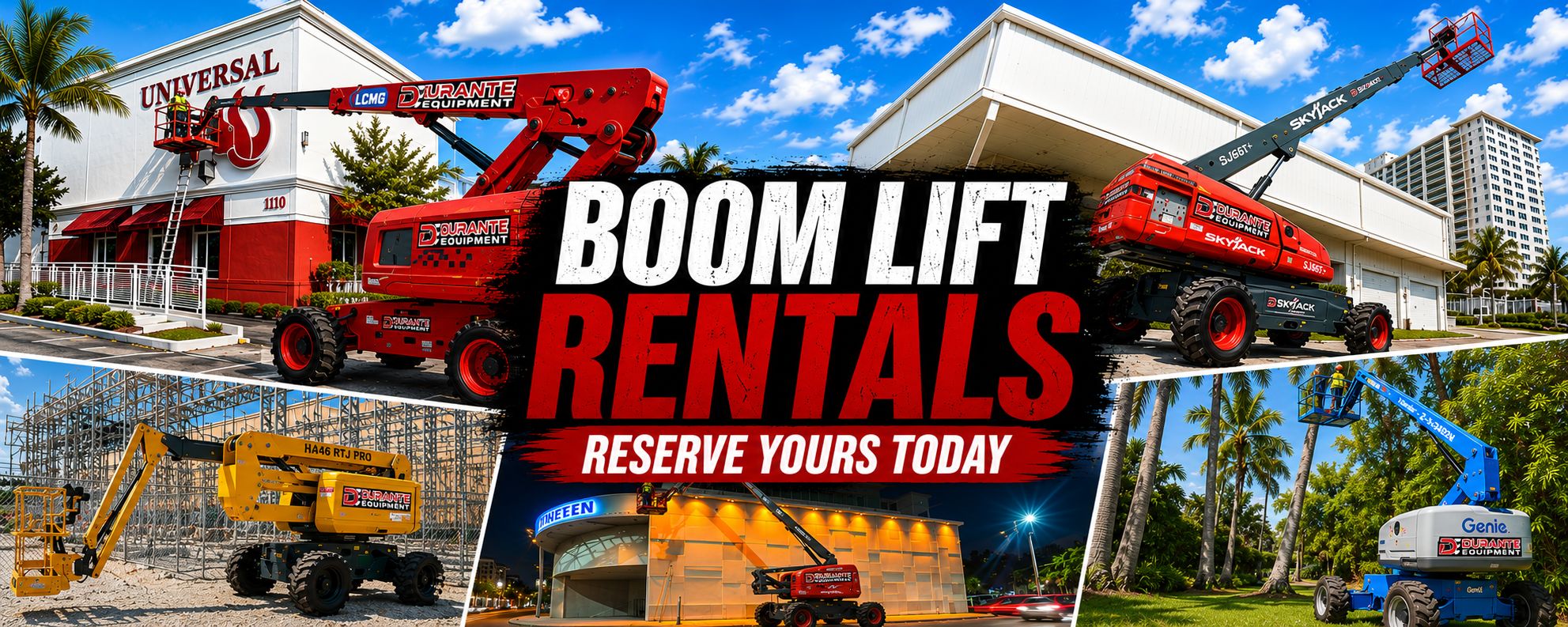 durante equipment branded boom lifts on various jobsites collage