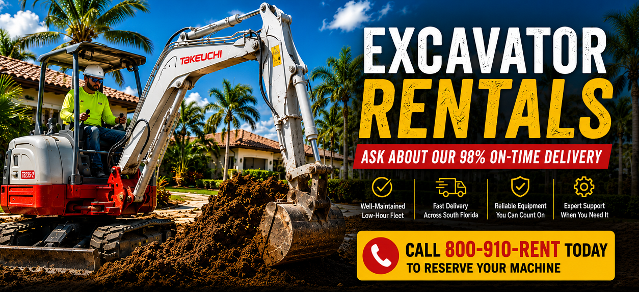 Takeuchi TB235 excavator digging on residential street with palm trees