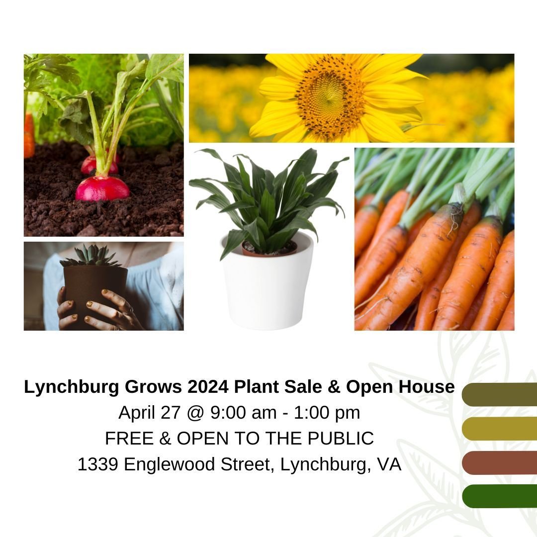 🥕 This Saturday check out the Lynchburg Grows Plant Sale and Open House!
When: Saturday, April 27, 9a-1p
Where: 1339 Englewood Street
Cost: FREE
More info: https://www.lynchburgvirginia.org/event/lynchburg-grows-2024-plant-sale-open-house/