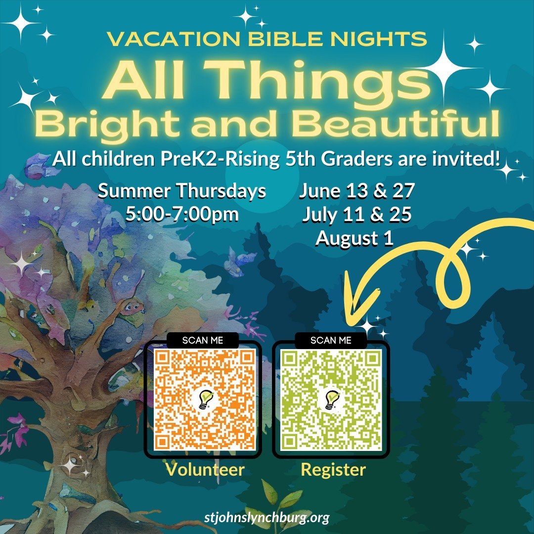 🌟 Hey, Lynchburg Community! All families with children aged PreK2-rising 5th graders, mark your calendars to join us for Vacation Bible Nights this summer: 6/13, 6/27, 7/11, 7/25 and 8/1. We will begin each evening with a potluck family dinner. Afte