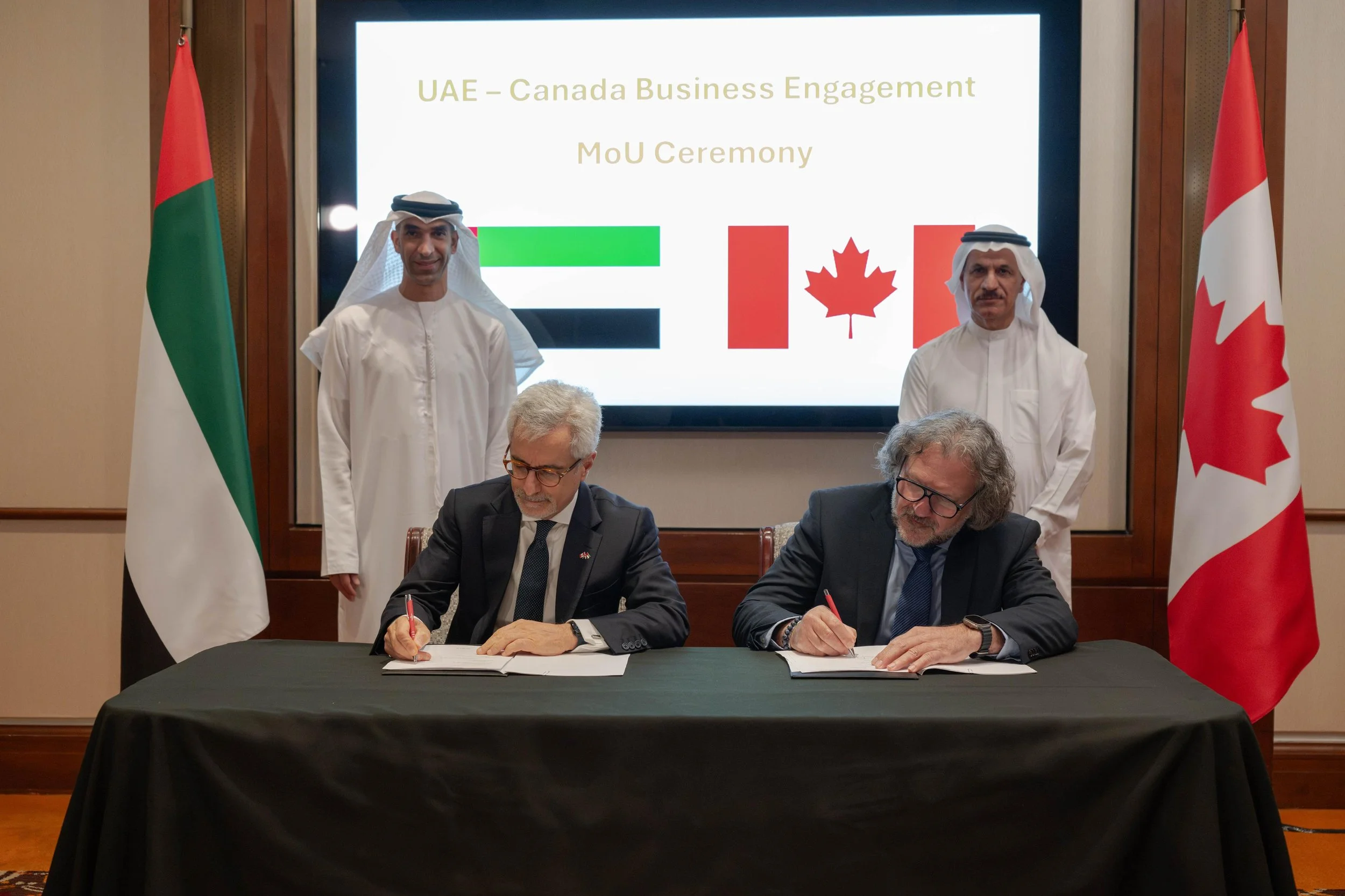 His Excellency Dr Thani bin Ahmed Al Zeyoudi, Minister of Foreign Trade and His Excellency Sultan bin Saeed Al Mansoori, Envoy of the Minister of Foreign Affairs And Jacques Leduc, President and...