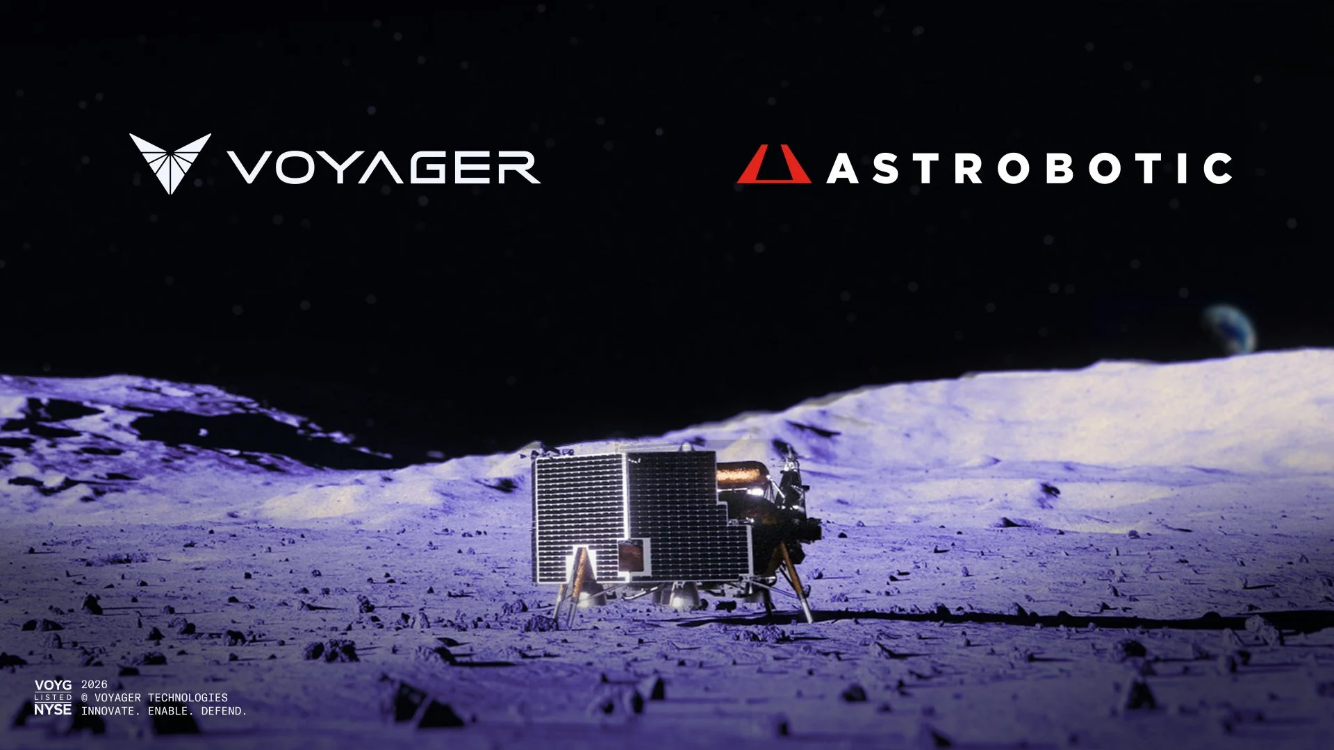 Astrobotic and Voyager logos above a Griffin lunar lander on the Moon