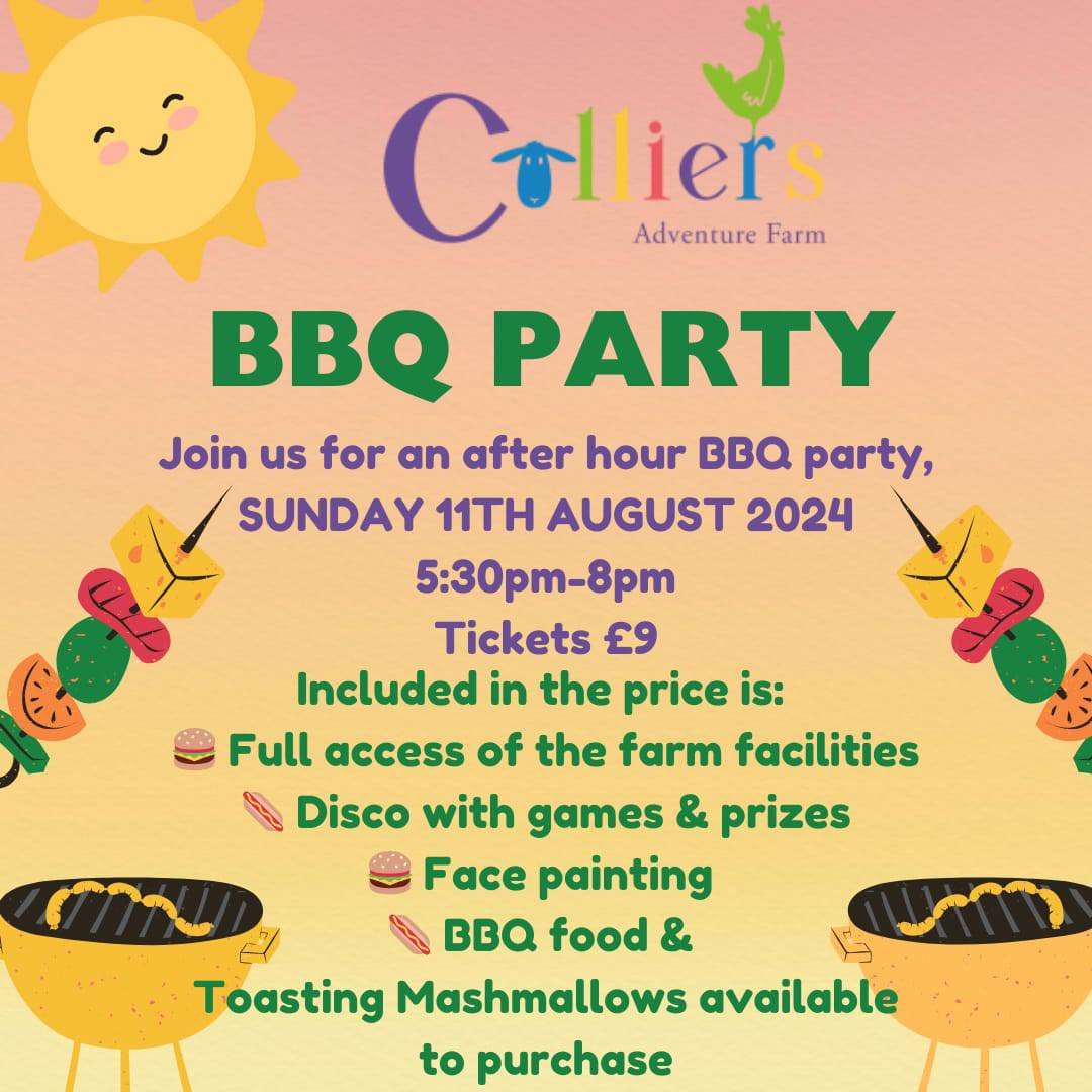 ☀️ Colliers BBQ Party part 3 ☀️ 
Sunday 11th August  5.30pm- 8pm 
🎟️ Tickets available NOW!!!!! &pound;9pp 
 
Our bbq parties are so successful we decided to throw another one 🍔🌭🍡

Come join us for some more fun in the sun (🤞) with a children's 