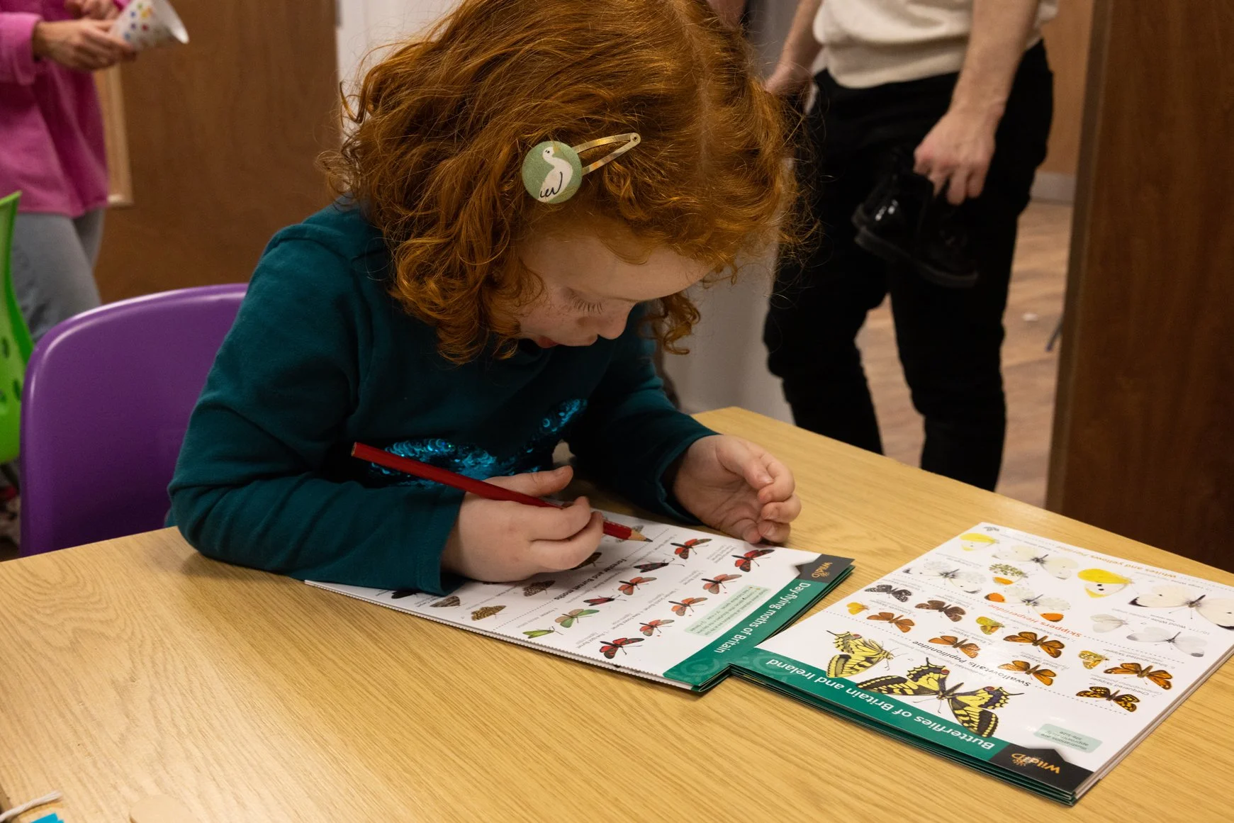 A young girl with curly red hair, wearing a hair clip, is coloring or drawing with a red pencil at a wooden table. There are illustrated butterfly and insect guidebooks open in front of her. She is in a room with other people, and a woman holding a c