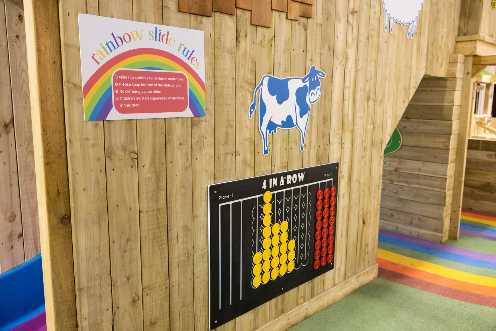 A wooden indoor play area with a colorful rainbow slide rules sign, a cow illustration, and a black 4 in a row game with yellow and red tokens attached to the wall.