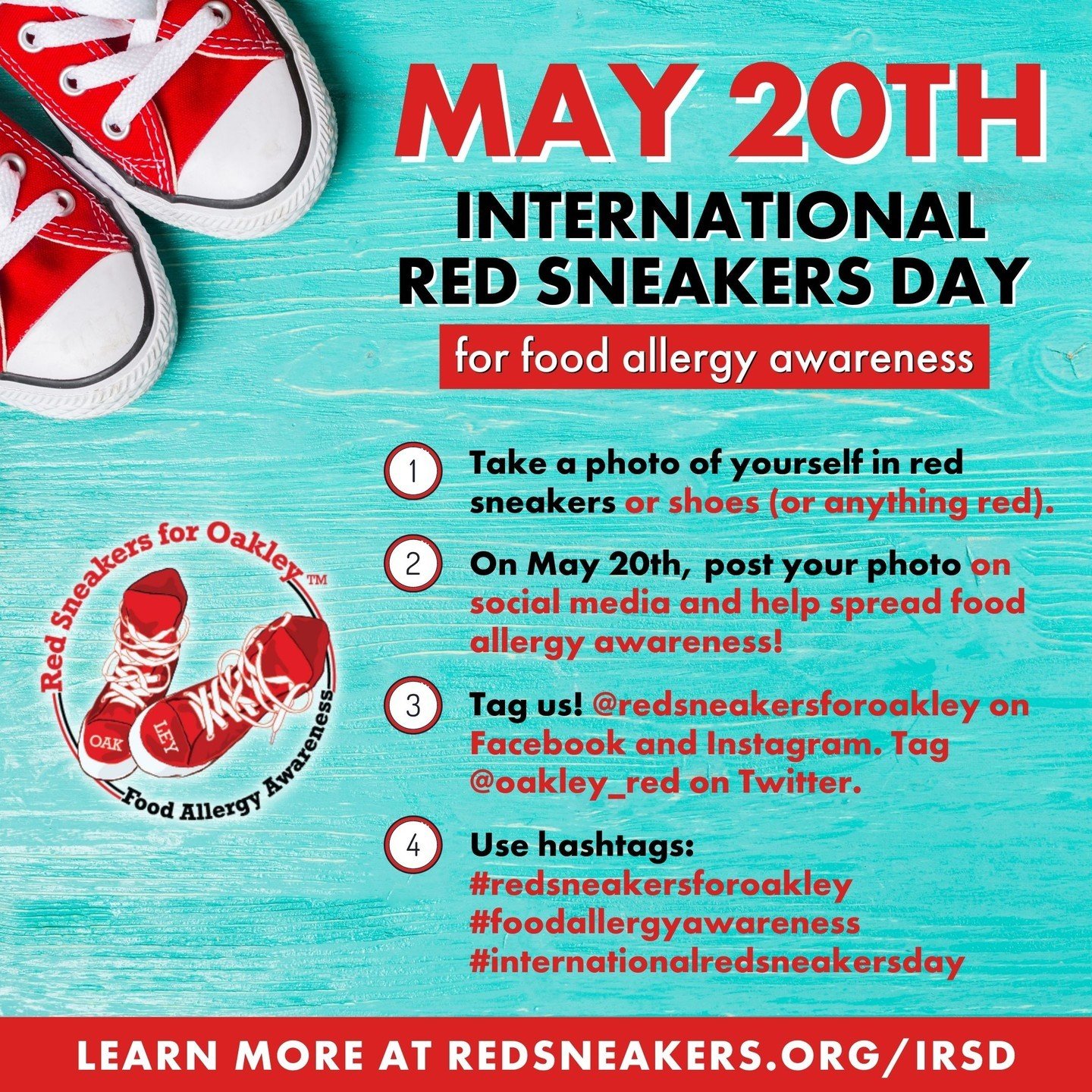 Get your red sneakers ready! International Red Sneakers Day is May 20th! It's a special day to spread food allergy awareness.

HOW CAN YOU GET INVOLVED?

It's so easy! Take a photo of yourself in red sneakers or shoes (or anything red). On May 20th, 