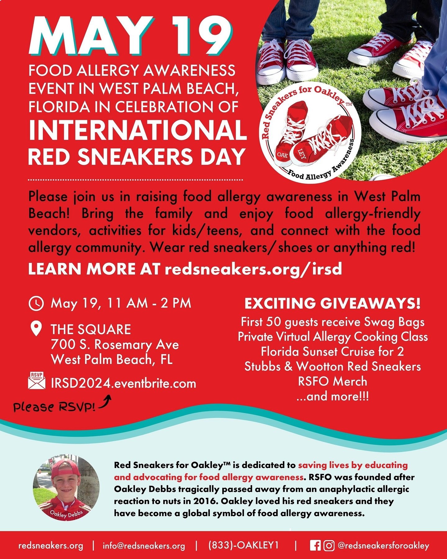 Please join us on May 19th at The Square in West Palm Beach, FL to spread food allergy awareness as we lead up to International Red Sneakers Day!! 

We have amazing guests appearances lined up, fun giveaways, lots of activities planned, and awesome s